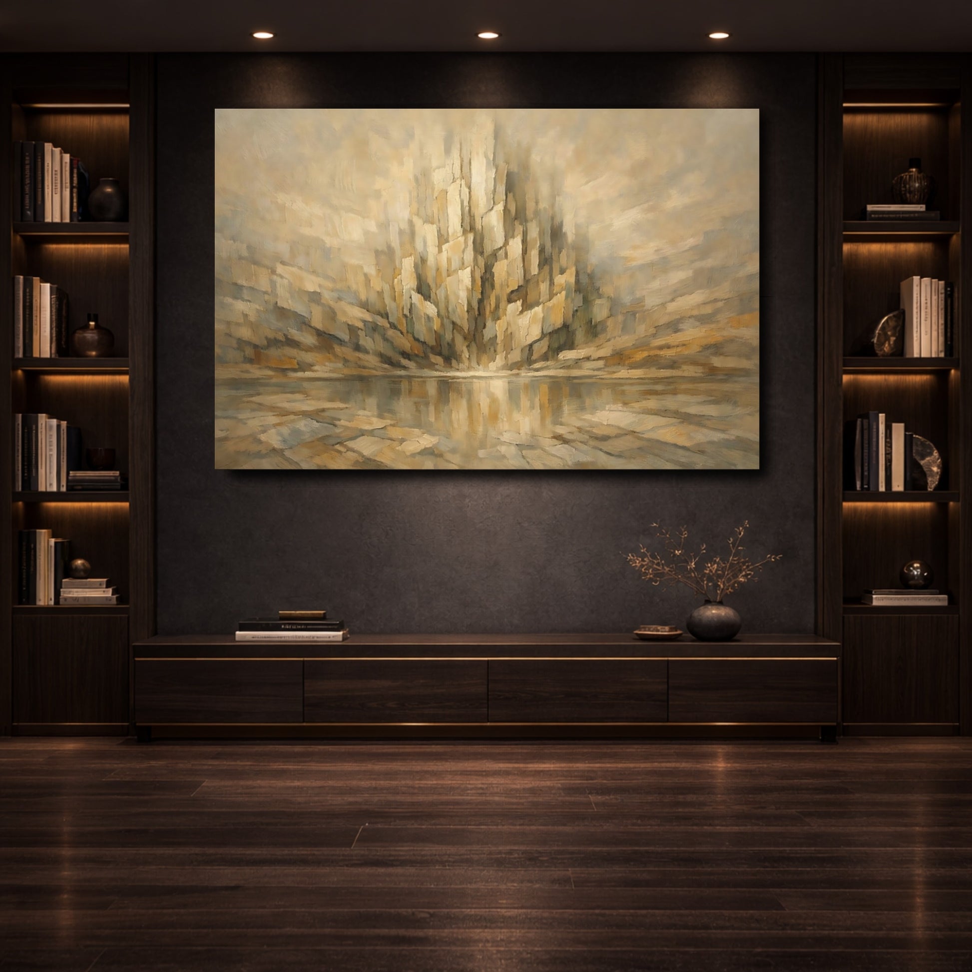 Mockup 3. Abstract Abstract Structure Gold And Brown shown as stretched canvas wall art