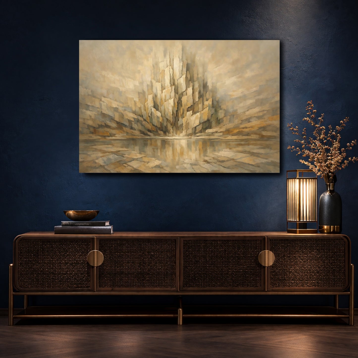 Mockup 4. Abstract Abstract Structure Gold And Brown shown as stretched canvas wall art