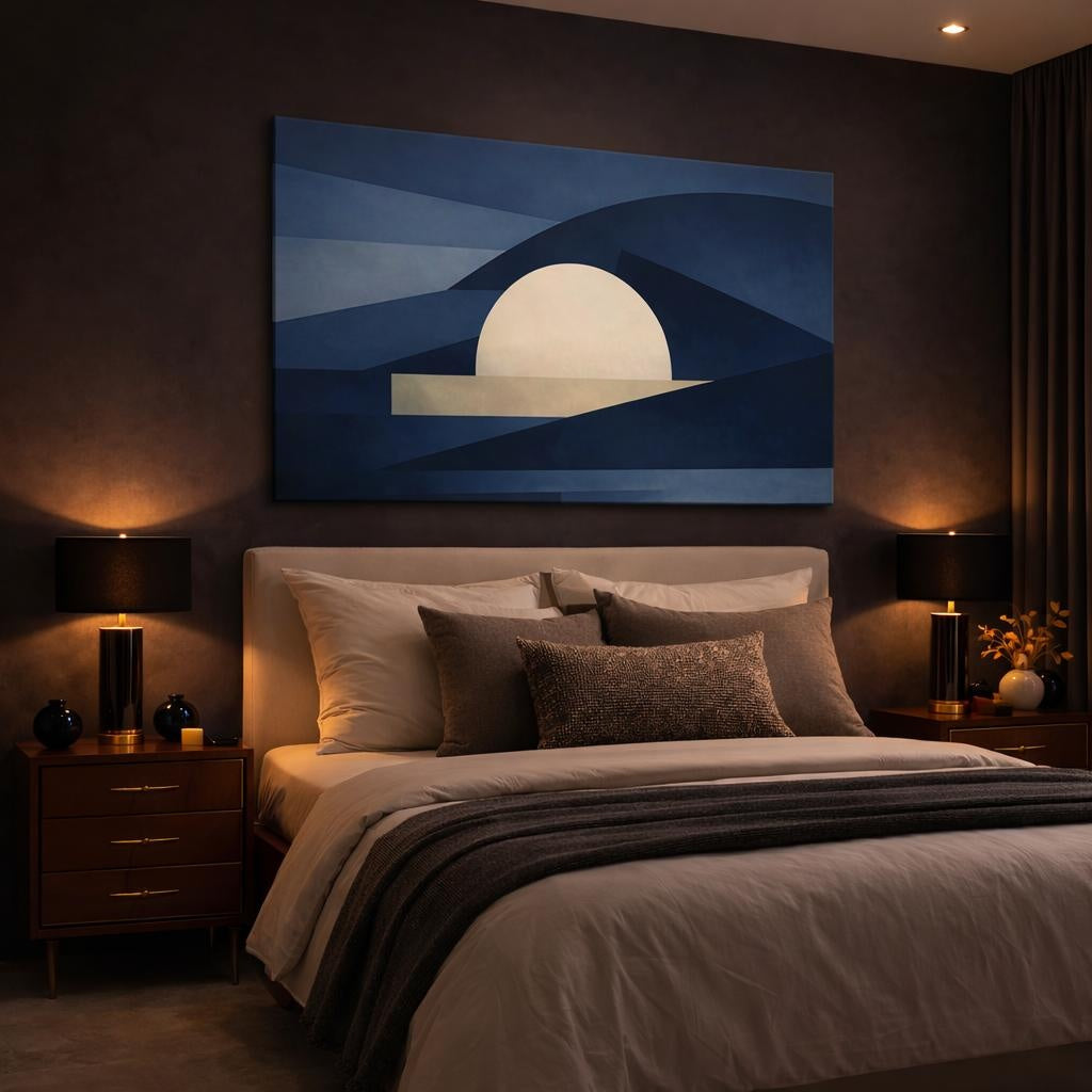 Abstract Abstract Sun Blue Geometric Landscape shown as canvas wall art in a luxury bedroom