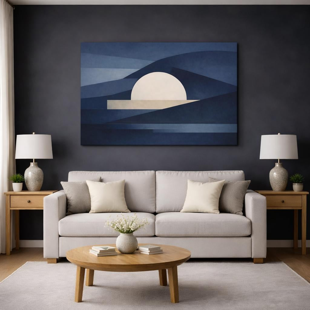 Abstract Abstract Sun Blue Geometric Landscape shown as canvas wall art in a modern living room