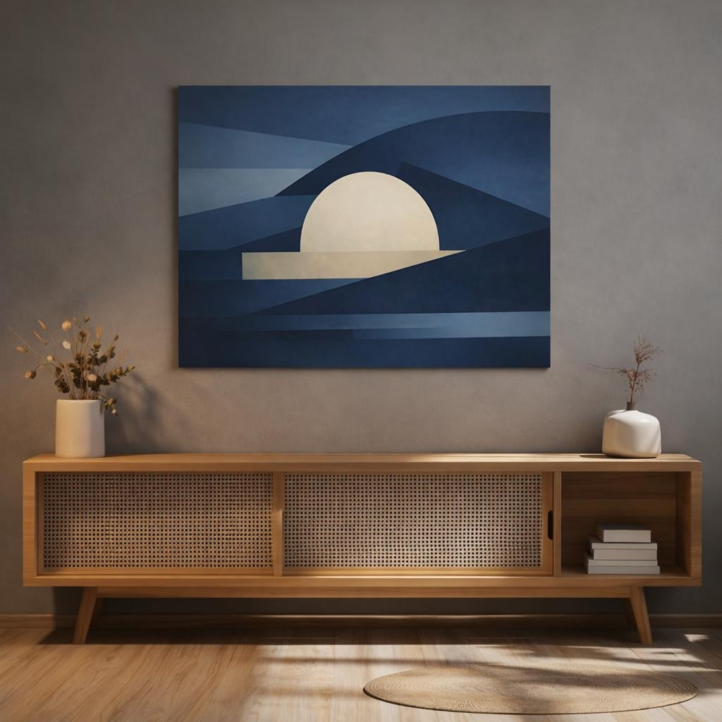 Abstract Abstract Sun Blue Geometric Landscape shown as canvas wall art in a luxury executive office
