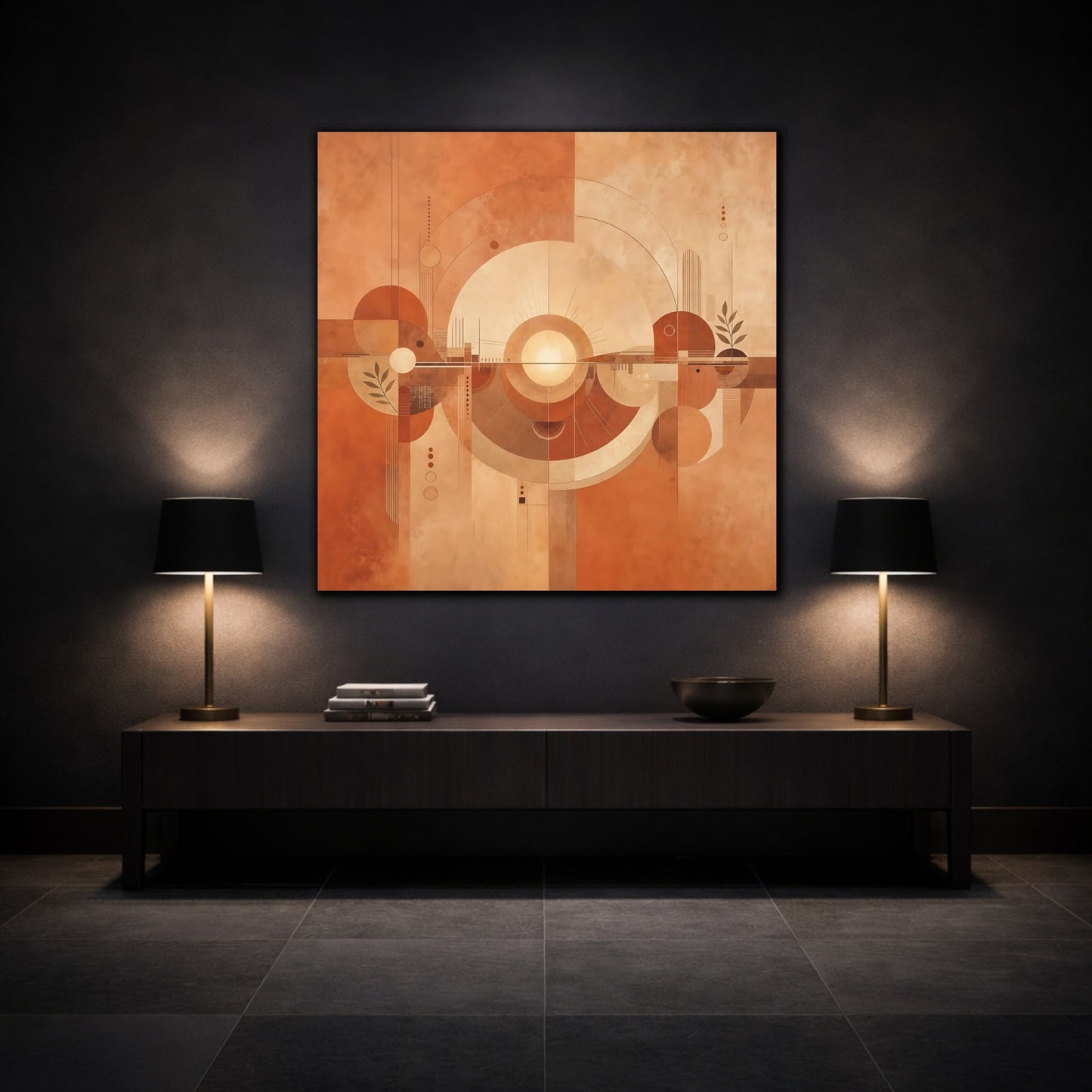Mockup 3. Abstract Abstract Sun Terracotta Abstract shown as stretched canvas wall art