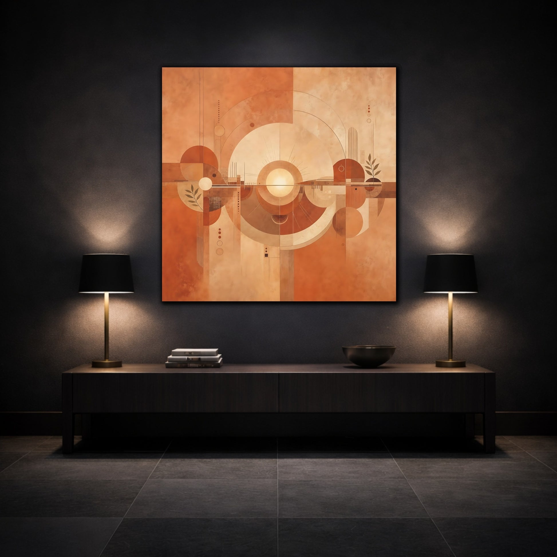 Mockup 3. Abstract Abstract Sun Terracotta Abstract shown as stretched canvas wall art