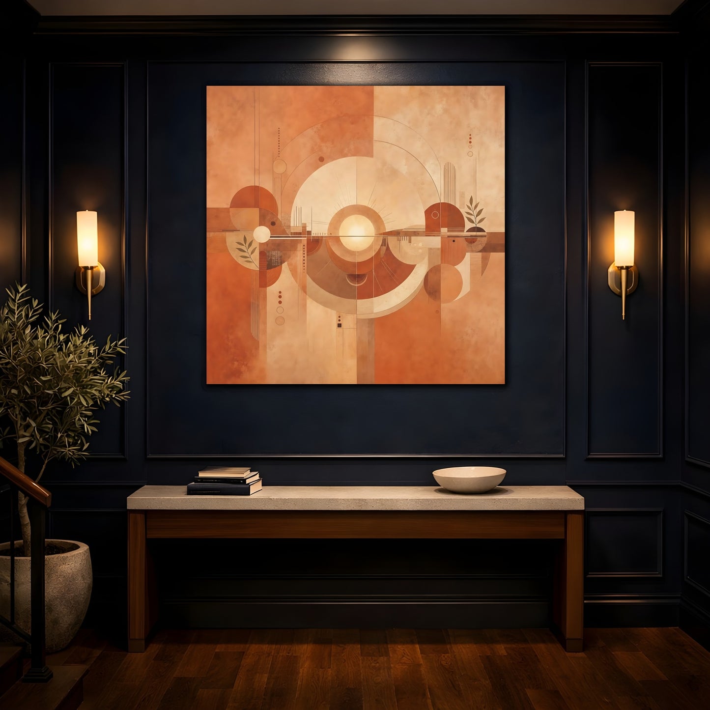 Mockup 4. Abstract Abstract Sun Terracotta Abstract shown as stretched canvas wall art