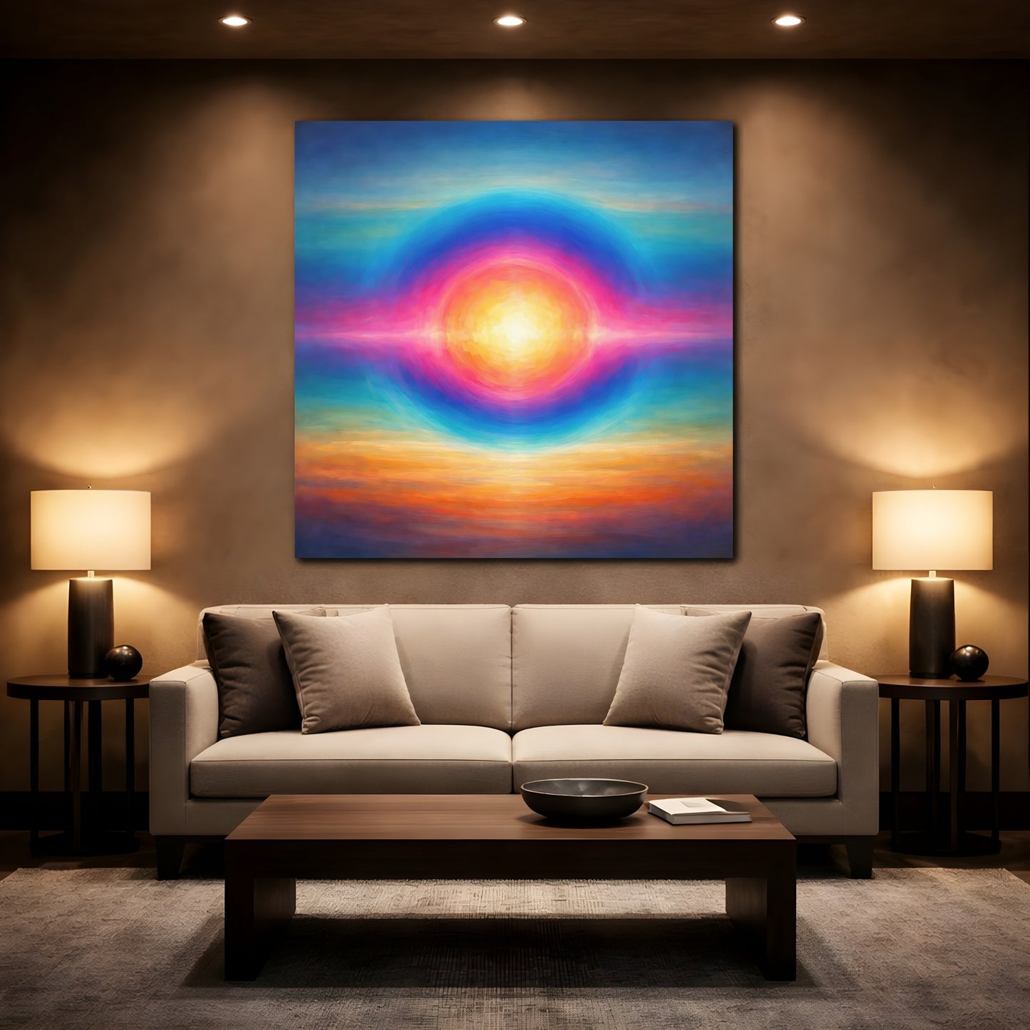 Mockup 2. Abstract Abstract Sun Vibrant Colors shown as stretched canvas wall art