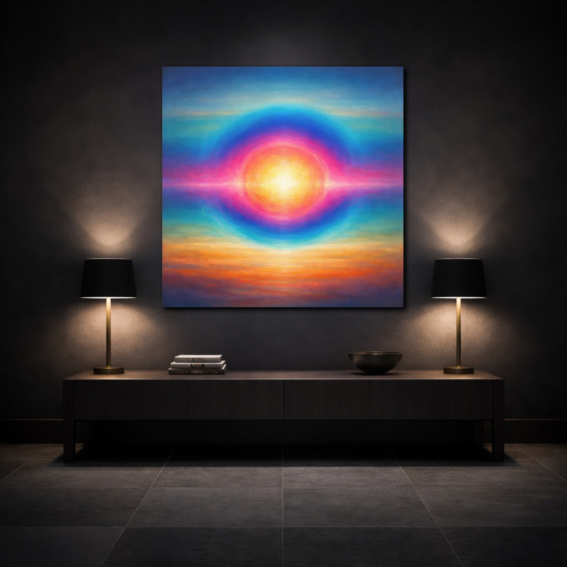 Mockup 3. Abstract Abstract Sun Vibrant Colors shown as stretched canvas wall art