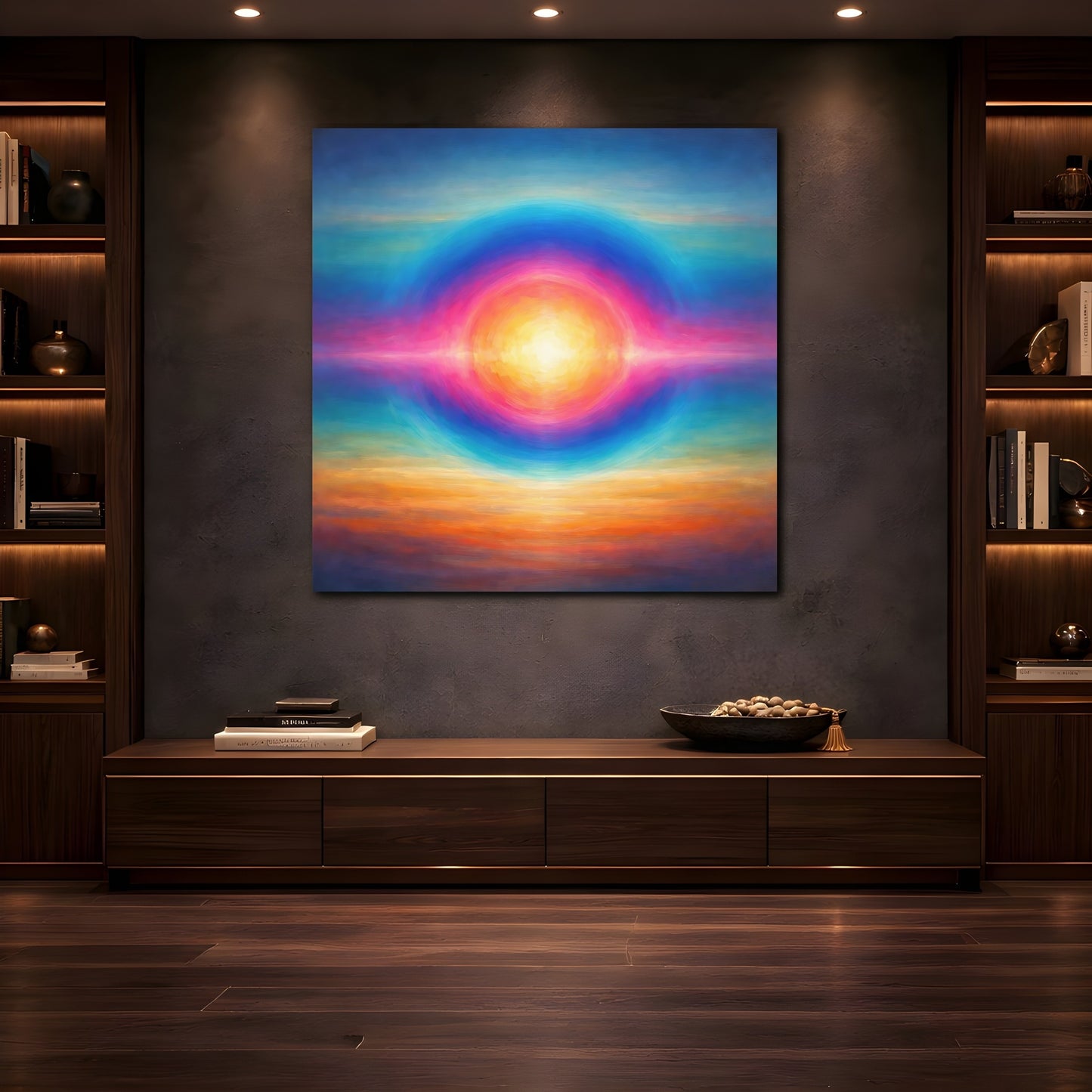 Mockup 4. Abstract Abstract Sun Vibrant Colors shown as stretched canvas wall art
