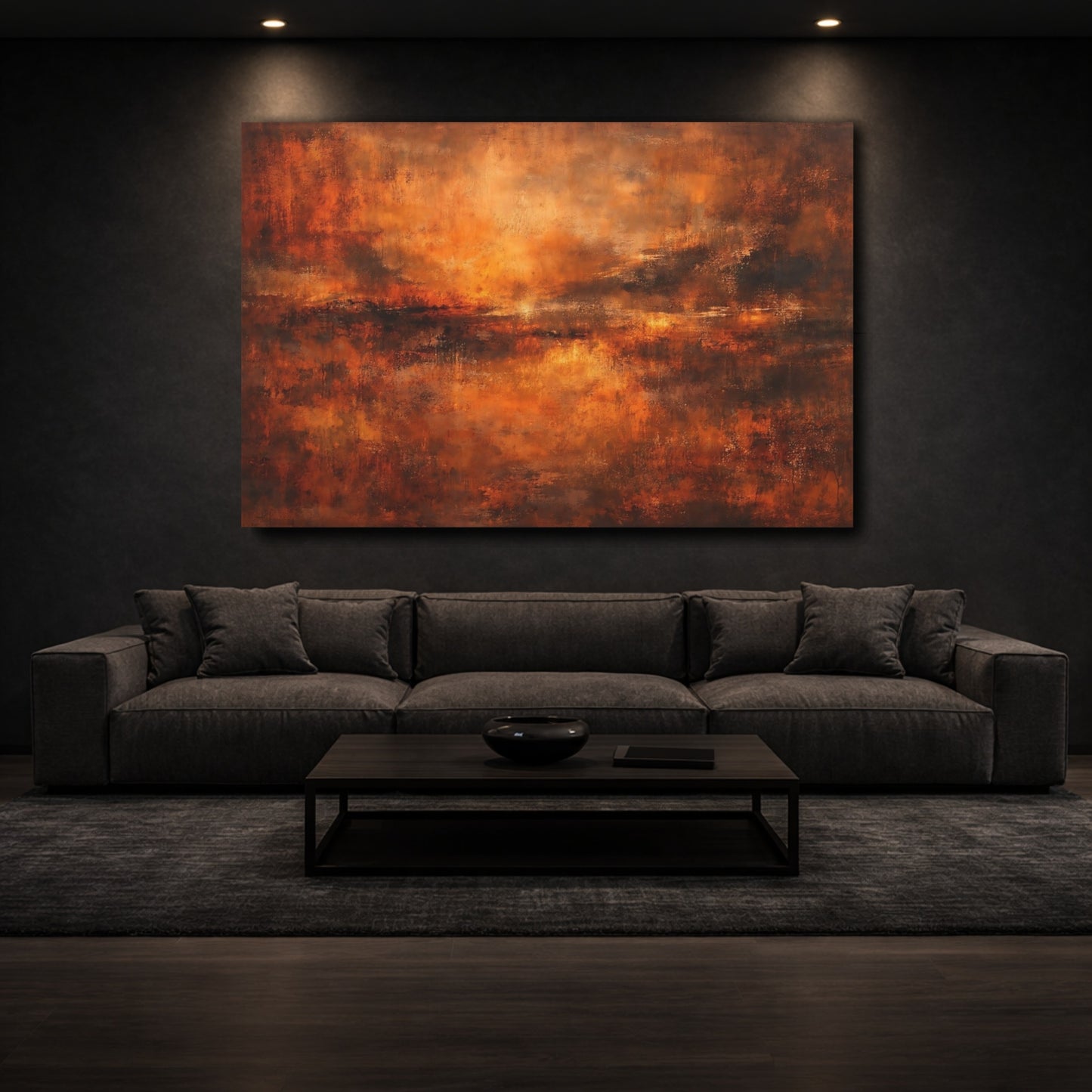 Mockup 2. Abstract Abstract Sunset Orange Brown Abstract shown as stretched canvas wall art