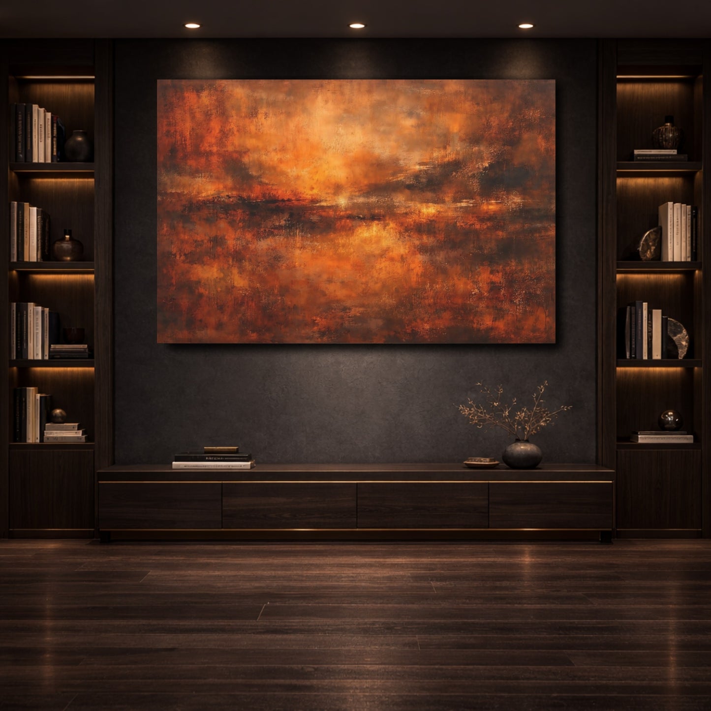 Mockup 3. Abstract Abstract Sunset Orange Brown Abstract shown as stretched canvas wall art