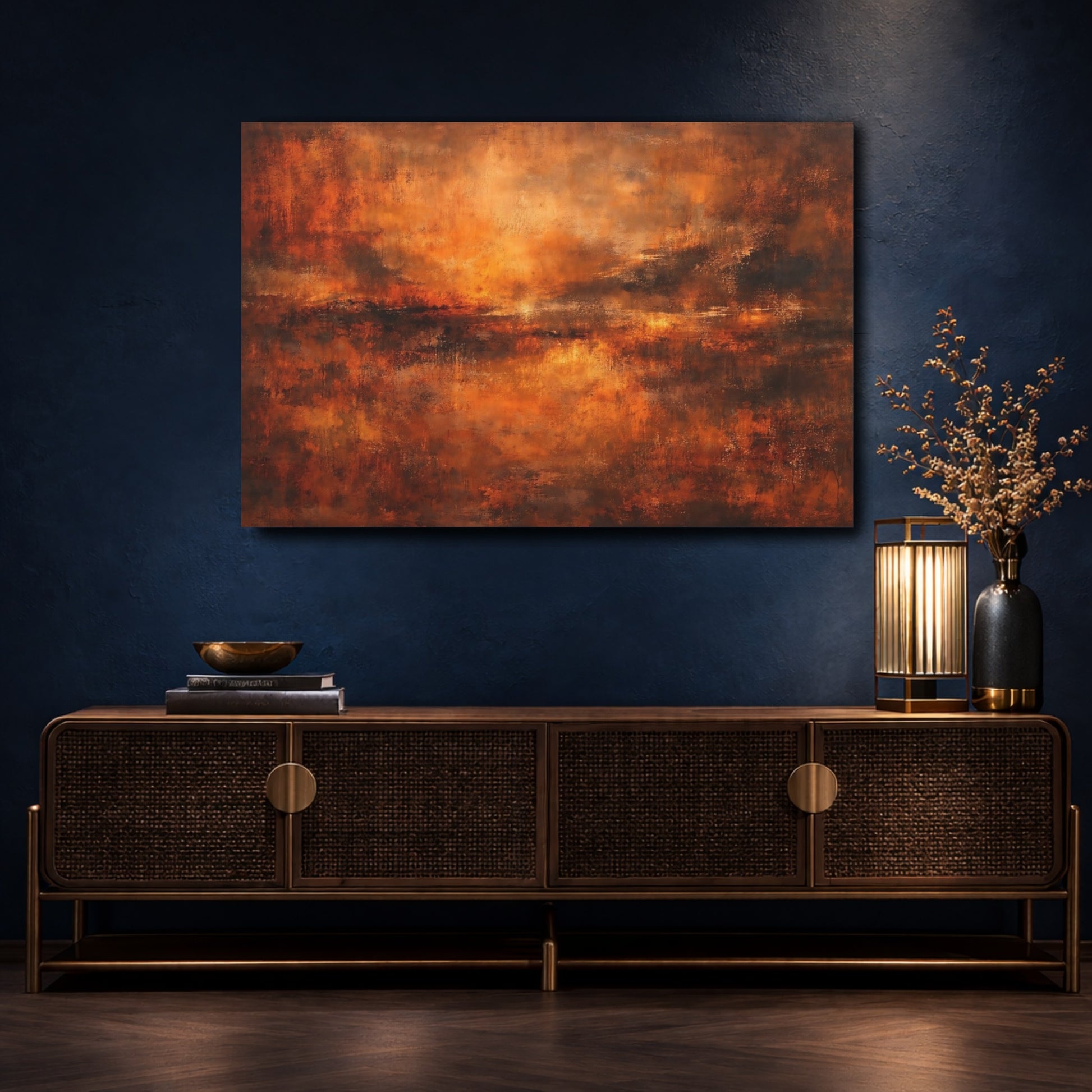 Mockup 4. Abstract Abstract Sunset Orange Brown Abstract shown as stretched canvas wall art
