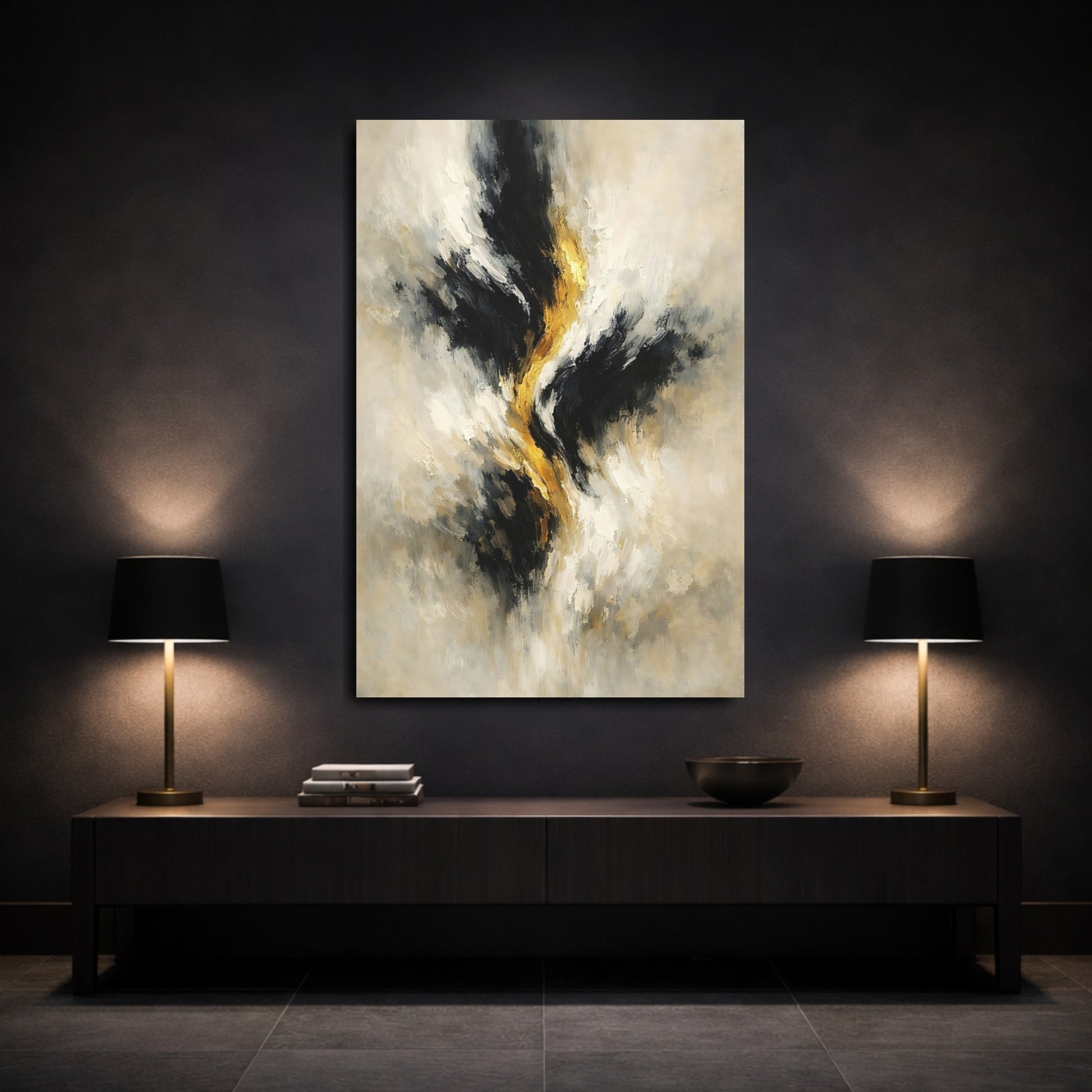 Mockup 2. Abstract Abstract Swirl Black Gold Abstract shown as stretched canvas wall art