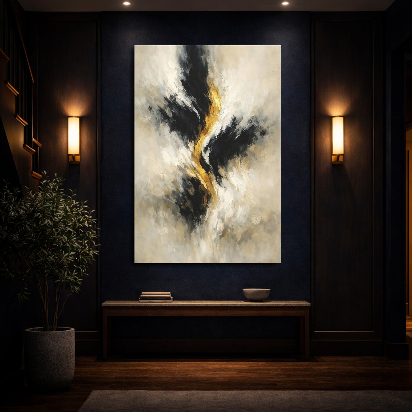 Mockup 3. Abstract Abstract Swirl Black Gold Abstract shown as stretched canvas wall art