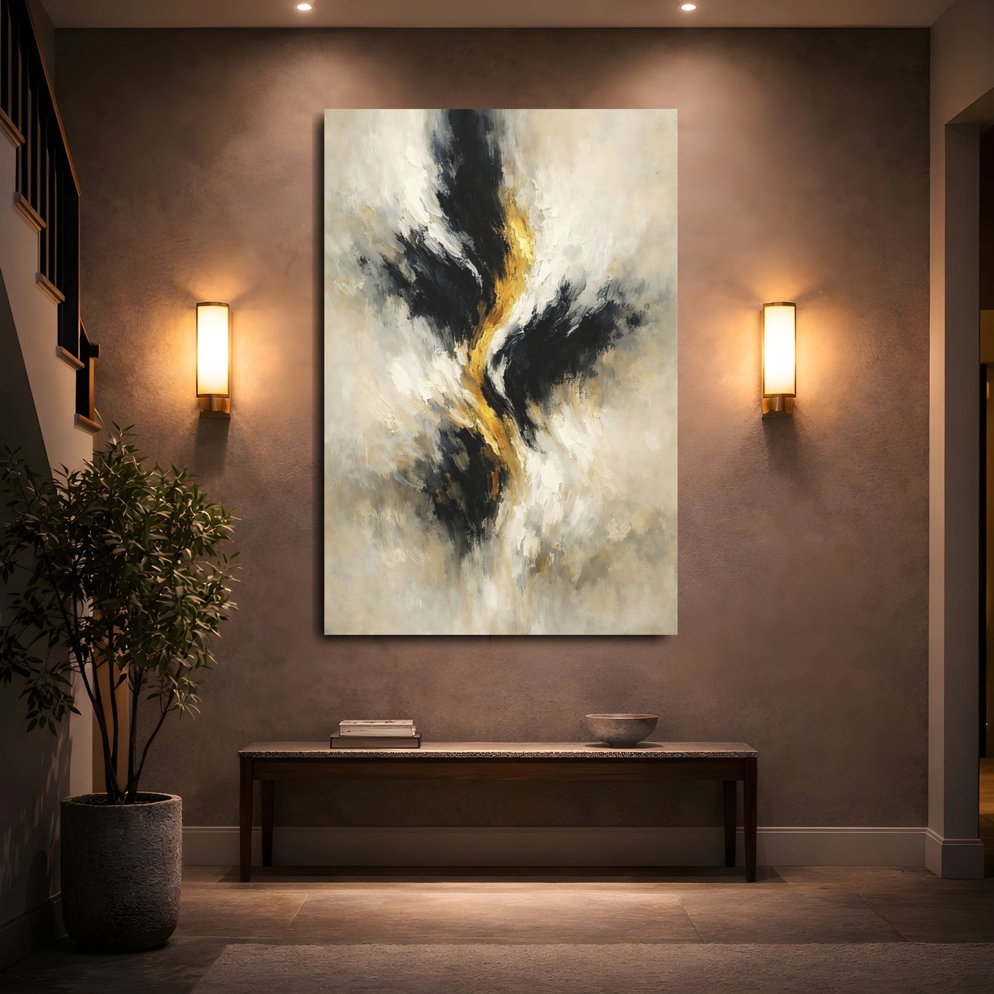 Mockup 4. Abstract Abstract Swirl Black Gold Abstract shown as stretched canvas wall art