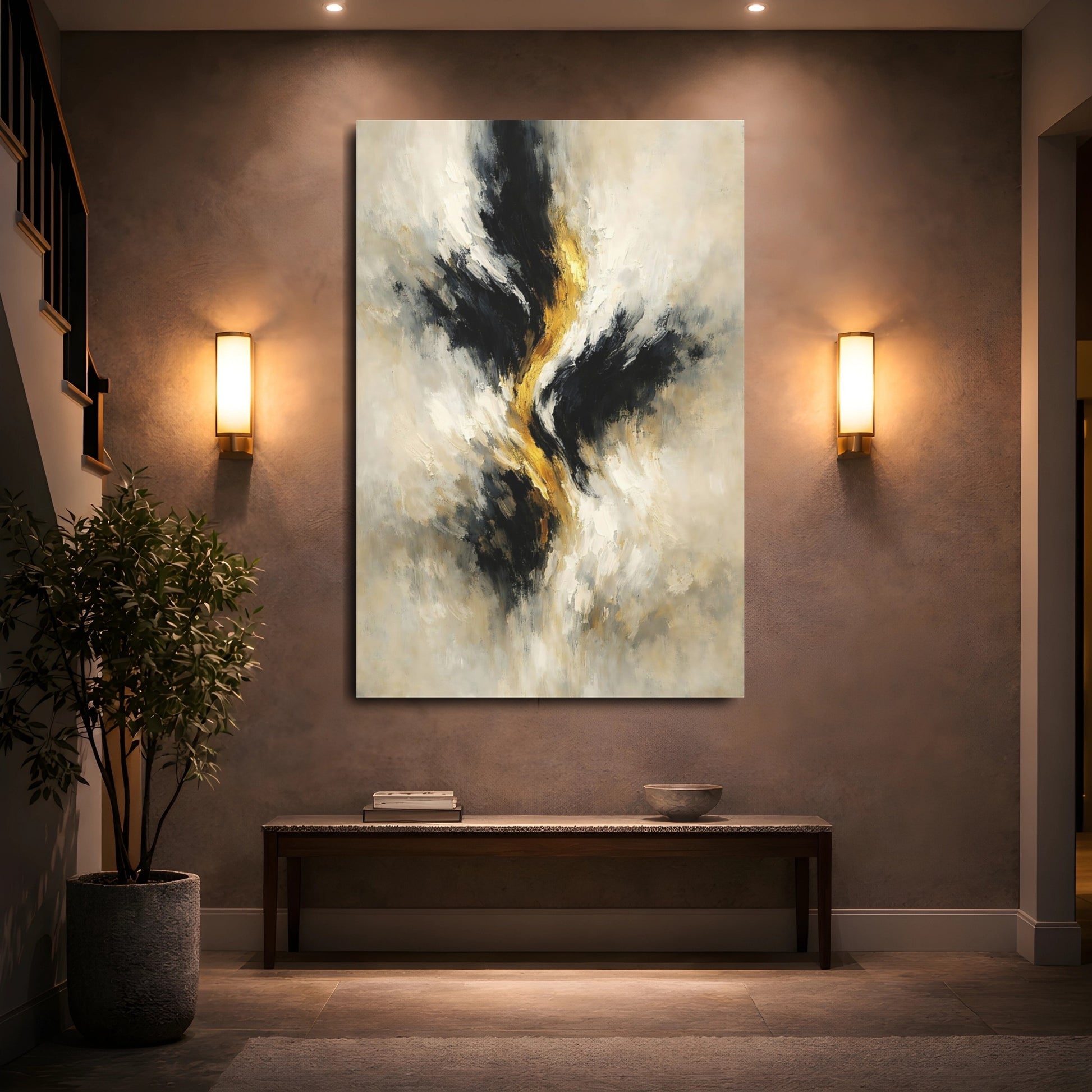 Mockup 4. Abstract Abstract Swirl Black Gold Abstract shown as stretched canvas wall art