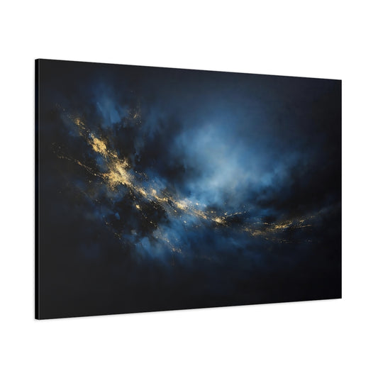 Main Mockup. Abstract Abstract Swirl Blue And Gold Abstract shown as stretched canvas wall art