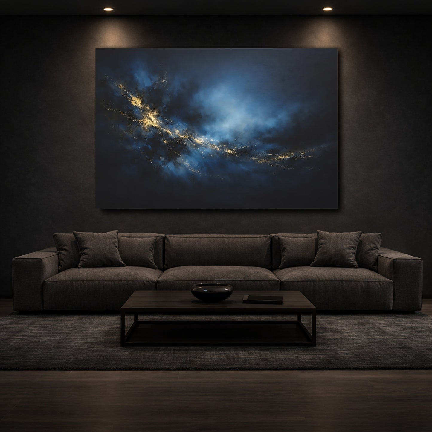 Mockup 2. Abstract Abstract Swirl Blue And Gold Abstract shown as stretched canvas wall art