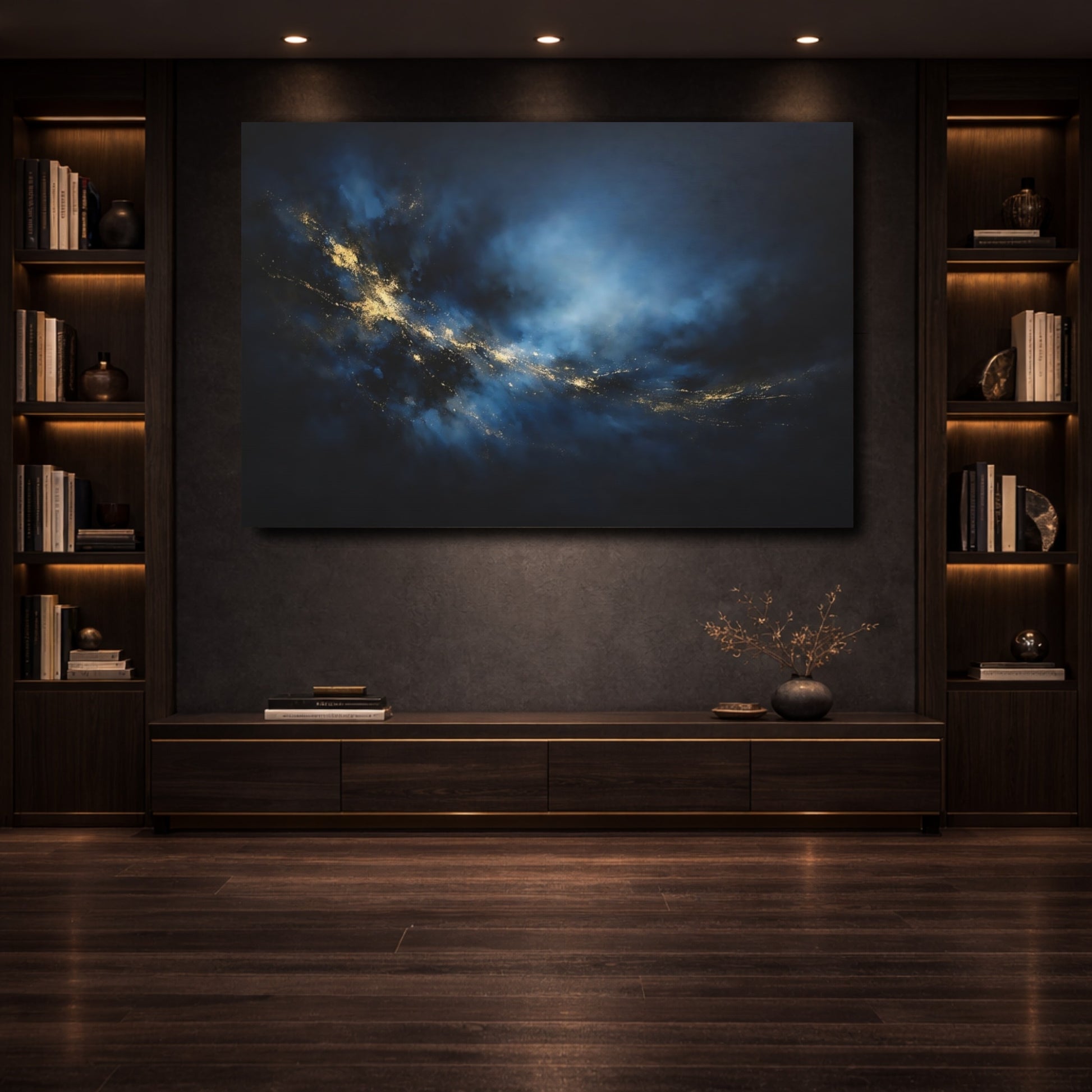 Mockup 3. Abstract Abstract Swirl Blue And Gold Abstract shown as stretched canvas wall art
