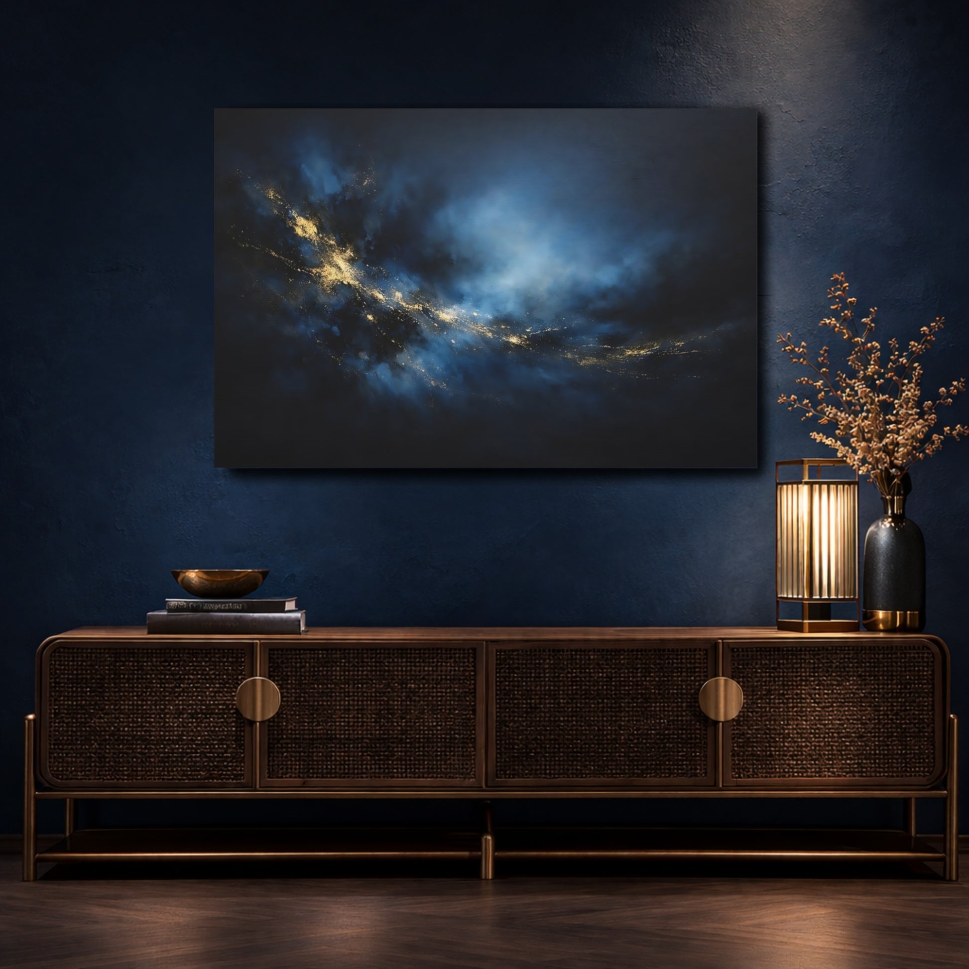 Mockup 4. Abstract Abstract Swirl Blue And Gold Abstract shown as stretched canvas wall art