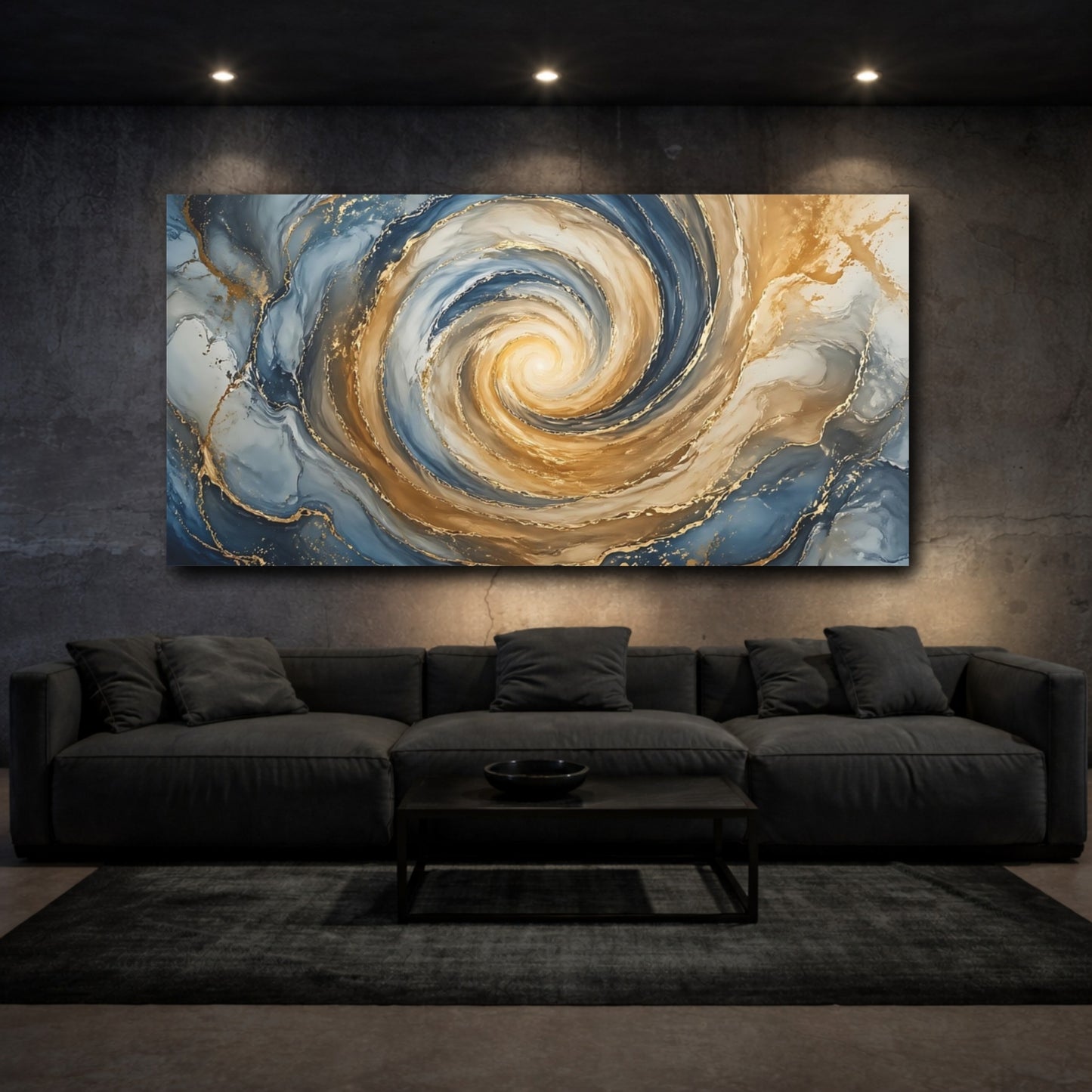 Mockup 2. Abstract Abstract Swirl Blue And Gold Swirl shown as stretched canvas wall art