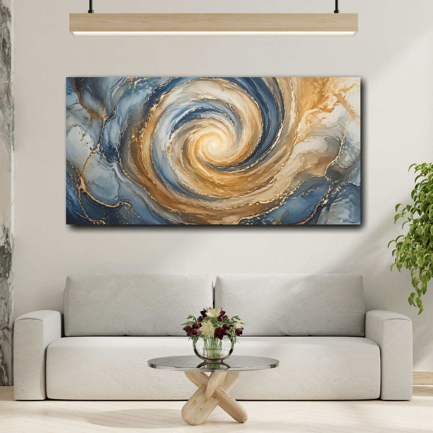 Mockup 3. Abstract Abstract Swirl Blue And Gold Swirl shown as stretched canvas wall art