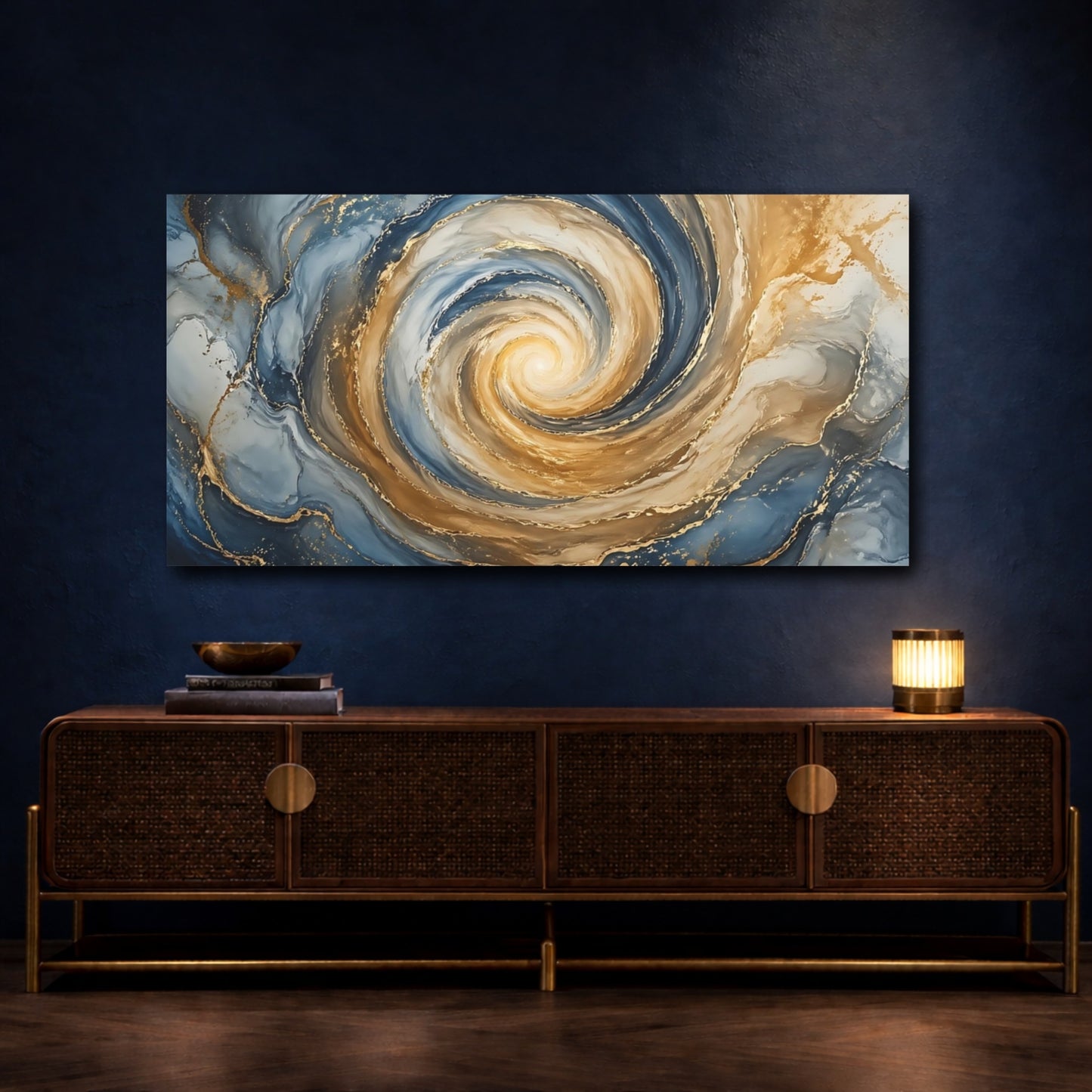 Mockup 4. Abstract Abstract Swirl Blue And Gold Swirl shown as stretched canvas wall art