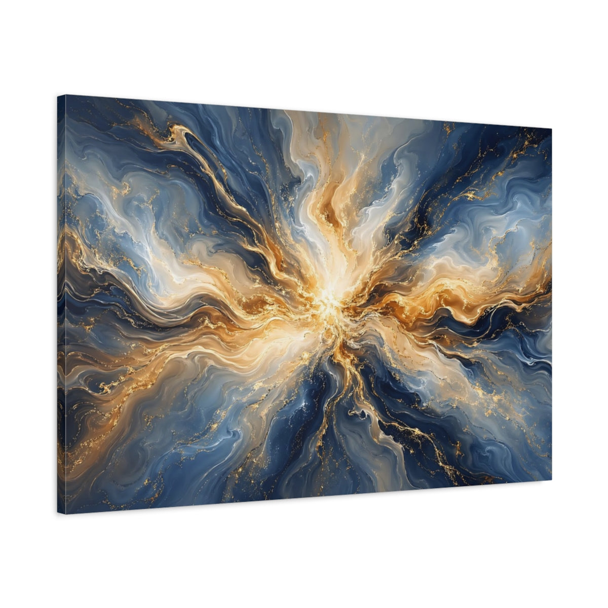 Main Mockup. Abstract Abstract Swirl Blue Gold Abstract shown as stretched canvas wall art