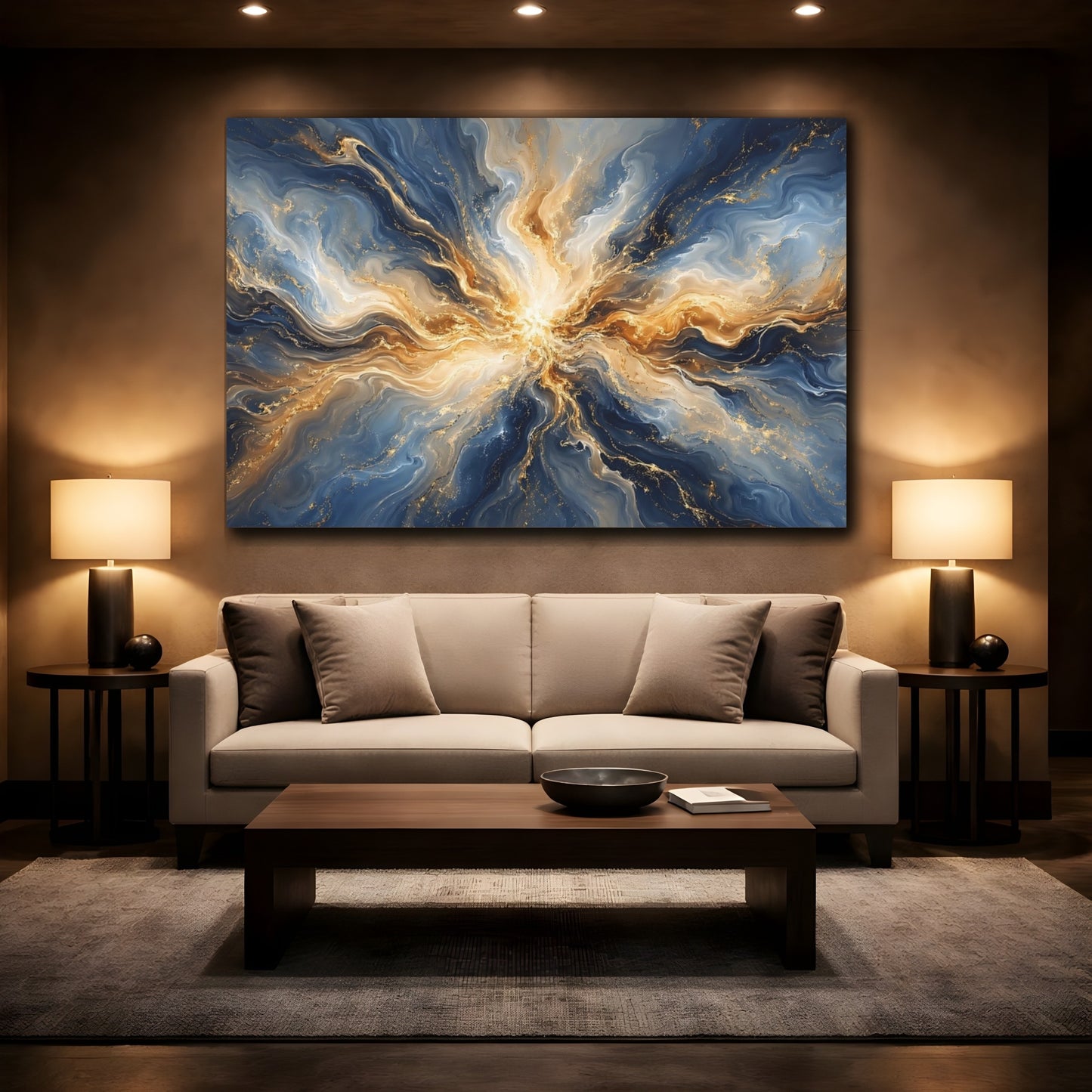 Mockup 2. Abstract Abstract Swirl Blue Gold Abstract shown as stretched canvas wall art