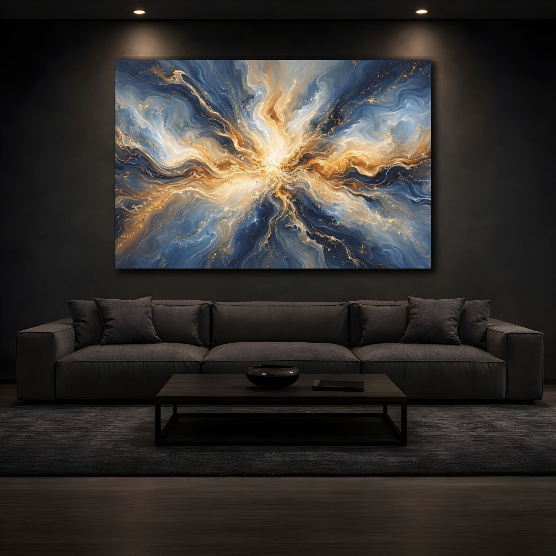 Mockup 3. Abstract Abstract Swirl Blue Gold Abstract shown as stretched canvas wall art