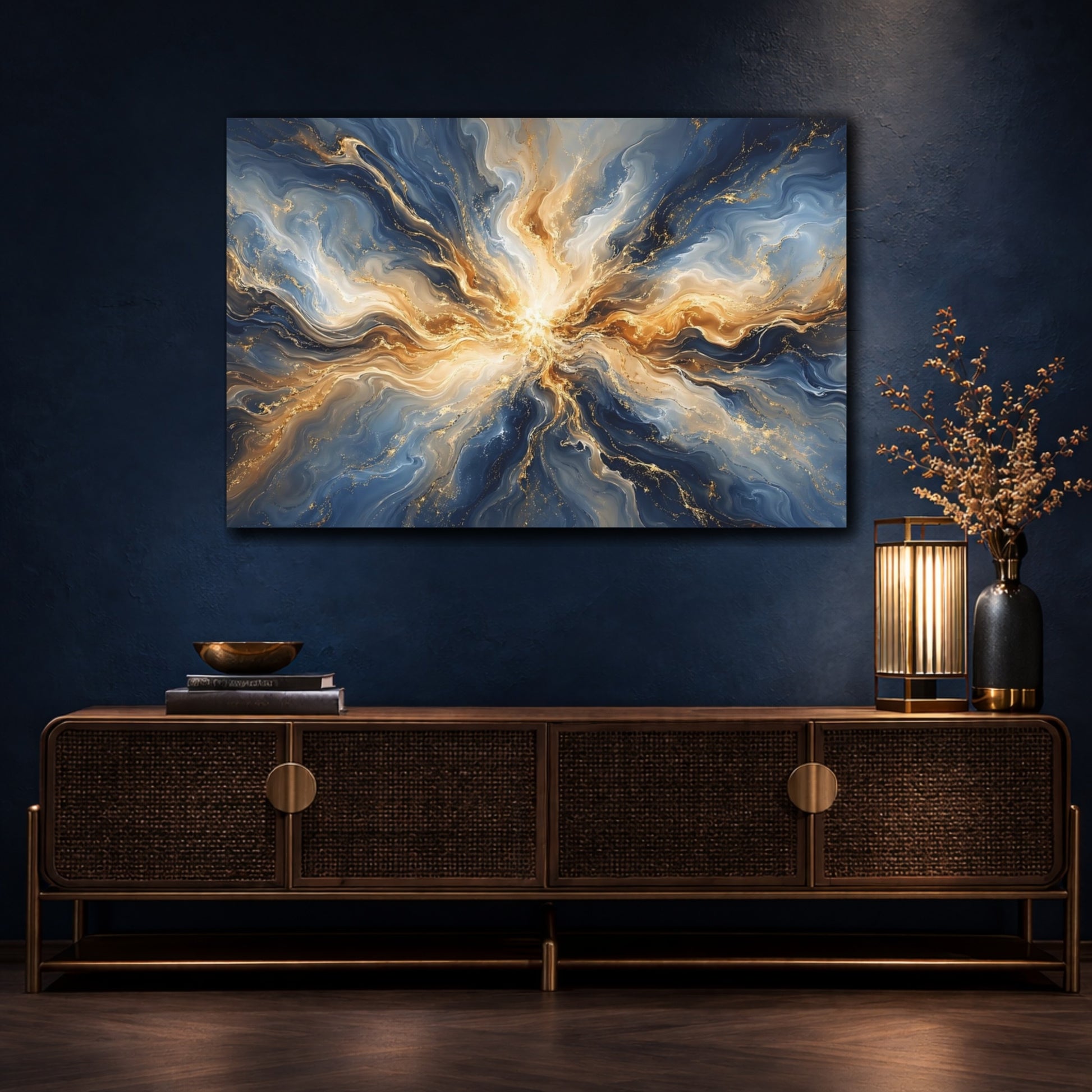 Mockup 4. Abstract Abstract Swirl Blue Gold Abstract shown as stretched canvas wall art