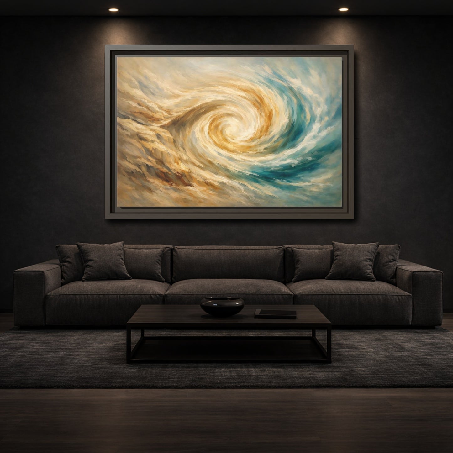 Mockup 2. Abstract Abstract Swirl Blue Gold Swirl shown as stretched canvas wall art