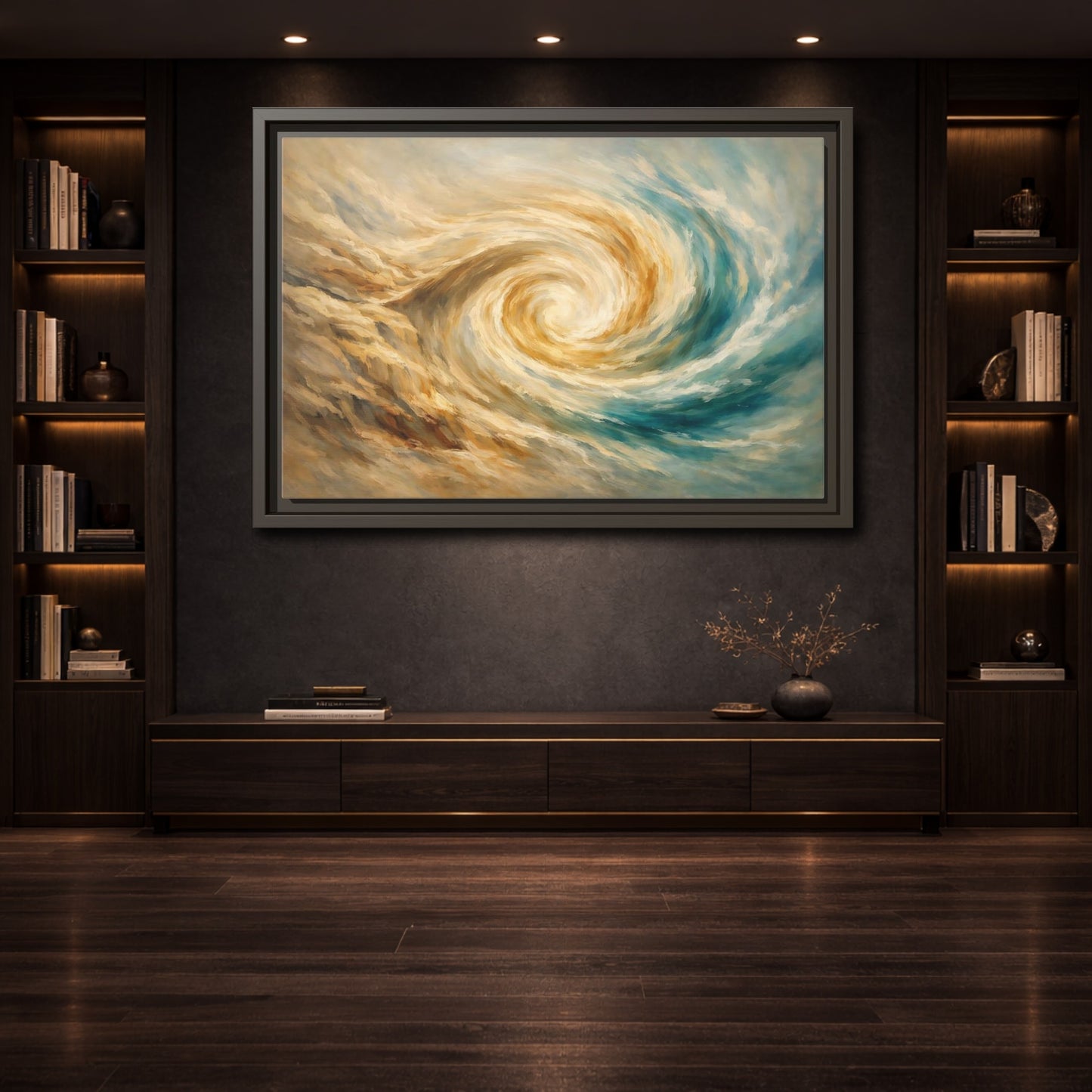 Mockup 3. Abstract Abstract Swirl Blue Gold Swirl shown as stretched canvas wall art