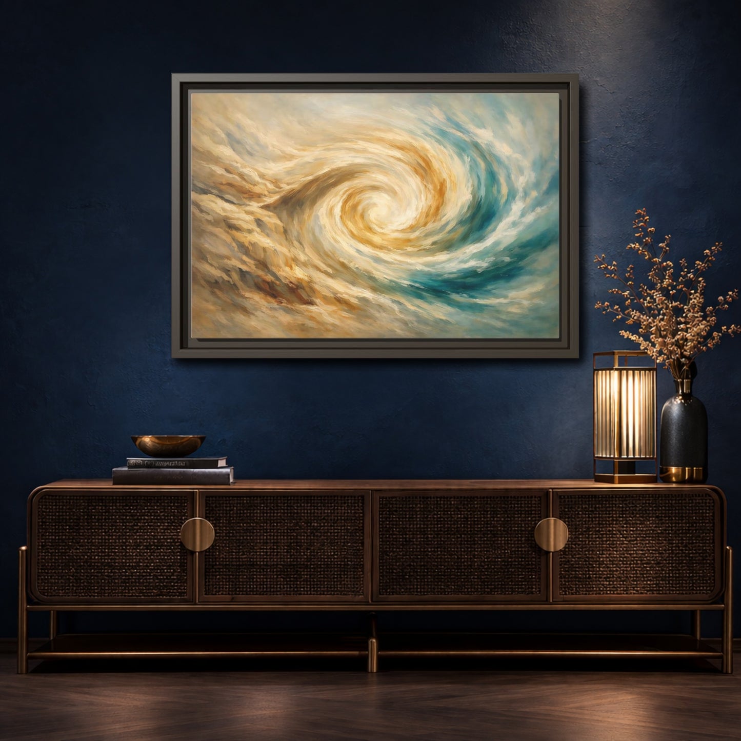 Mockup 4. Abstract Abstract Swirl Blue Gold Swirl shown as stretched canvas wall art