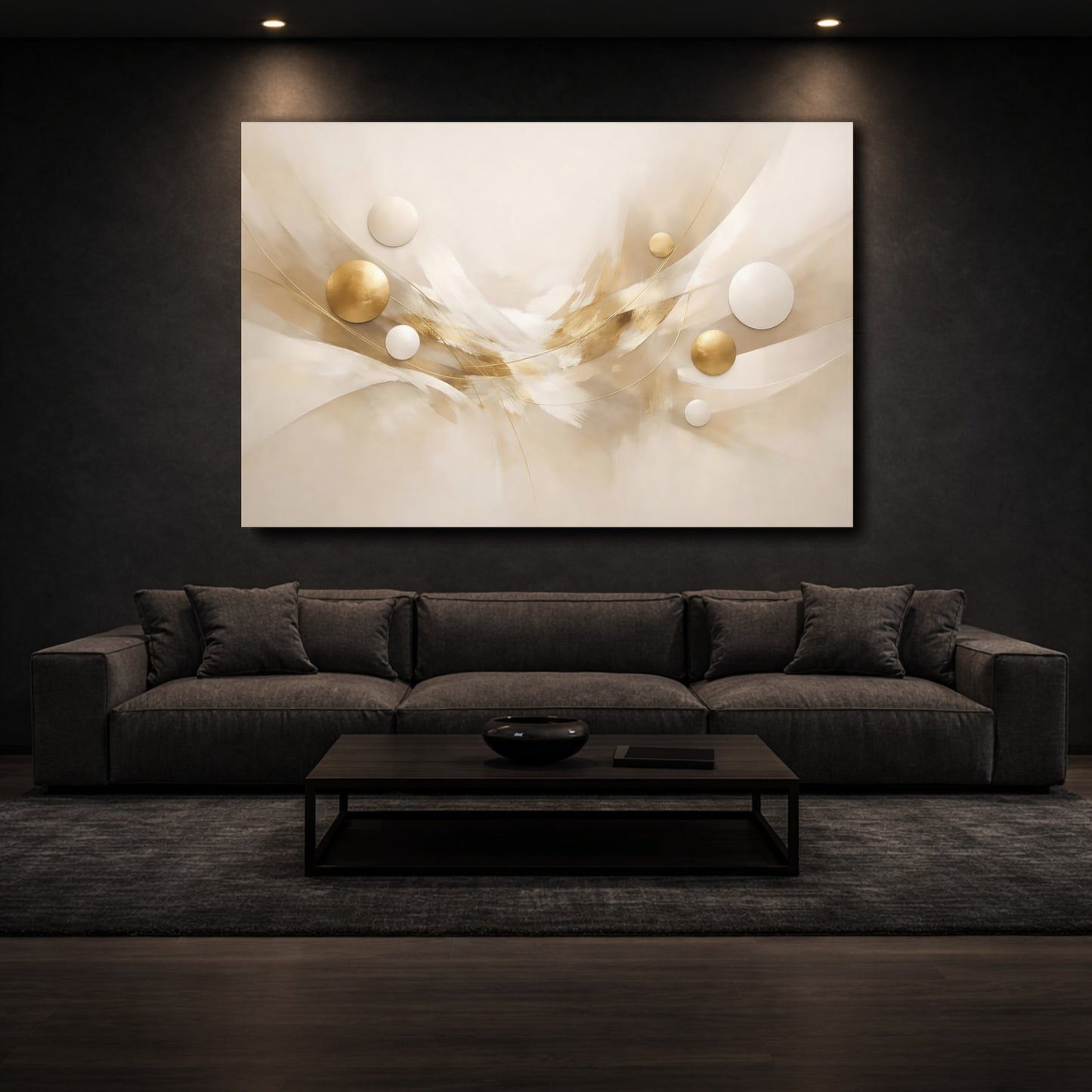Mockup 2. Abstract Abstract Swirl Cream And Gold shown as stretched canvas wall art