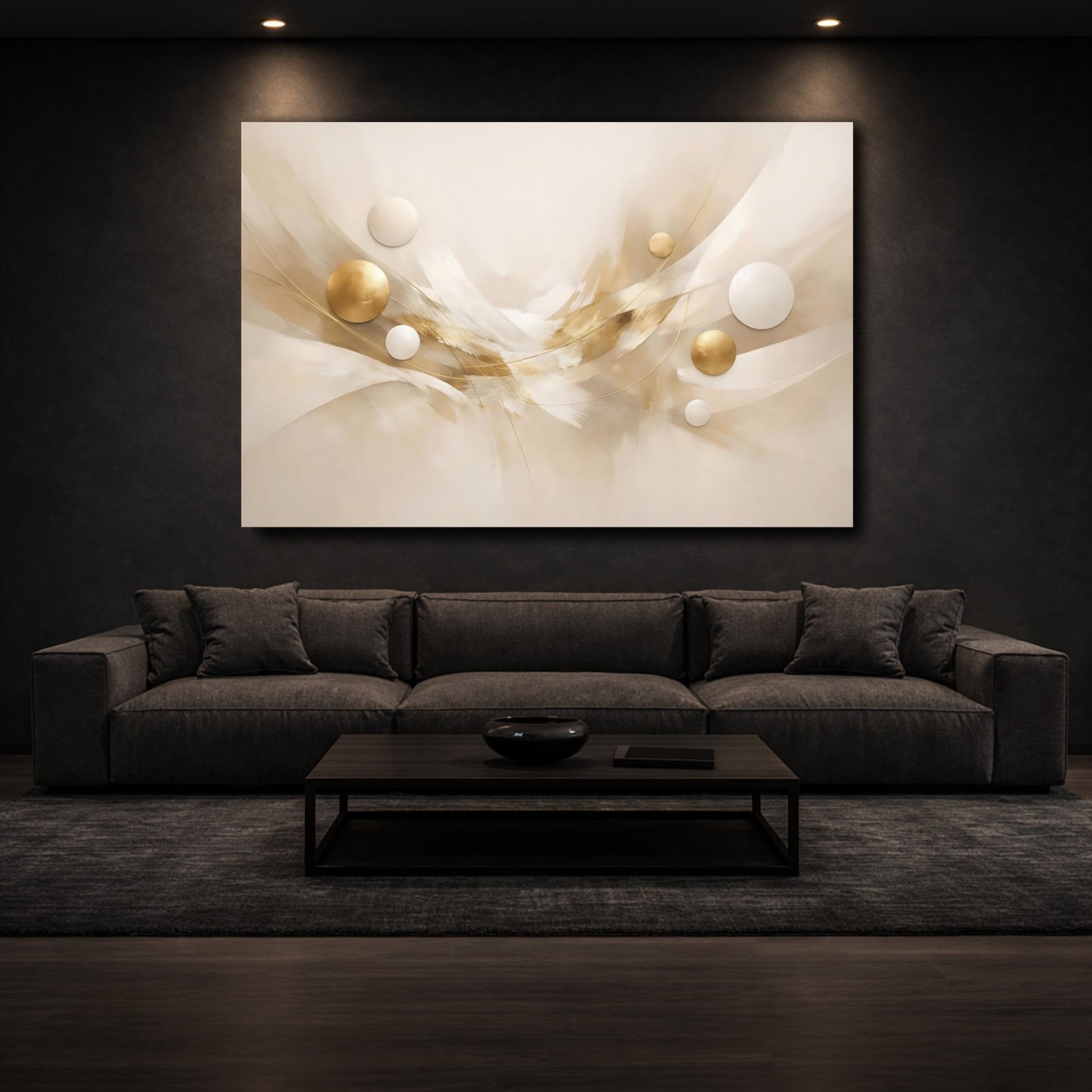 Mockup 2. Abstract Abstract Swirl Cream And Gold shown as stretched canvas wall art