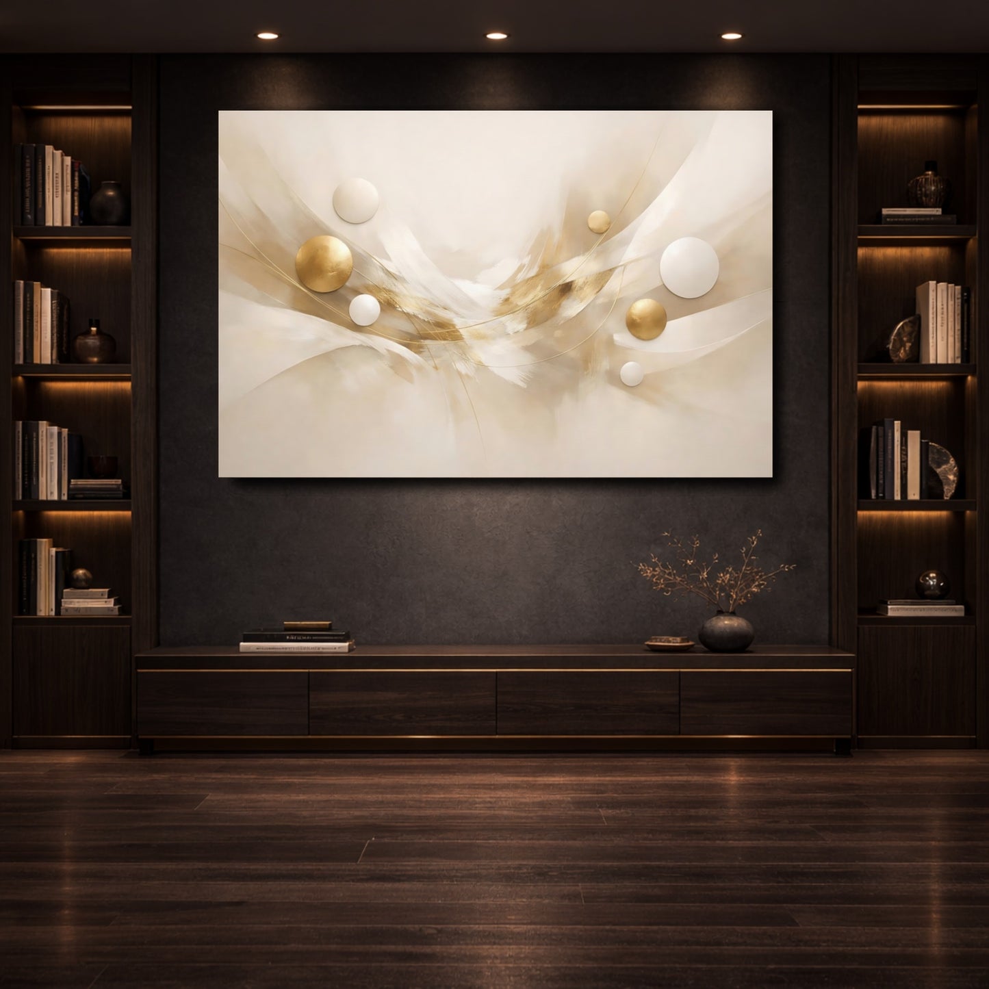 Mockup 3. Abstract Abstract Swirl Cream And Gold shown as stretched canvas wall art