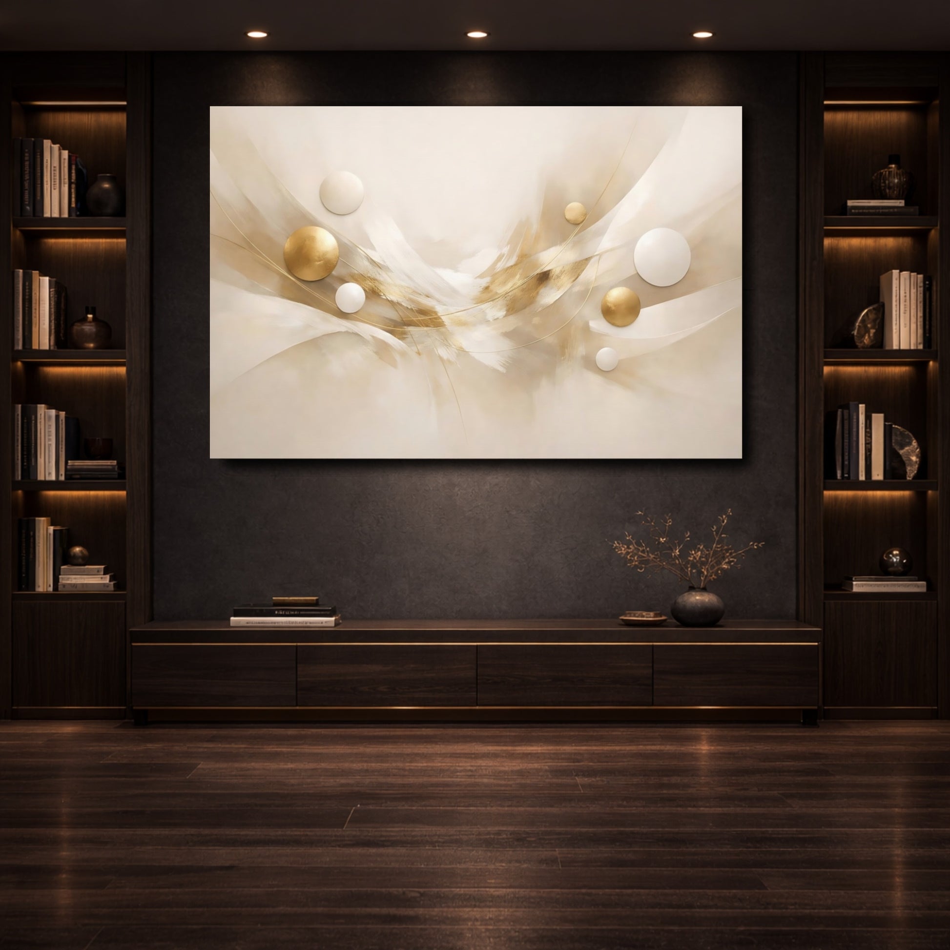 Mockup 3. Abstract Abstract Swirl Cream And Gold shown as stretched canvas wall art