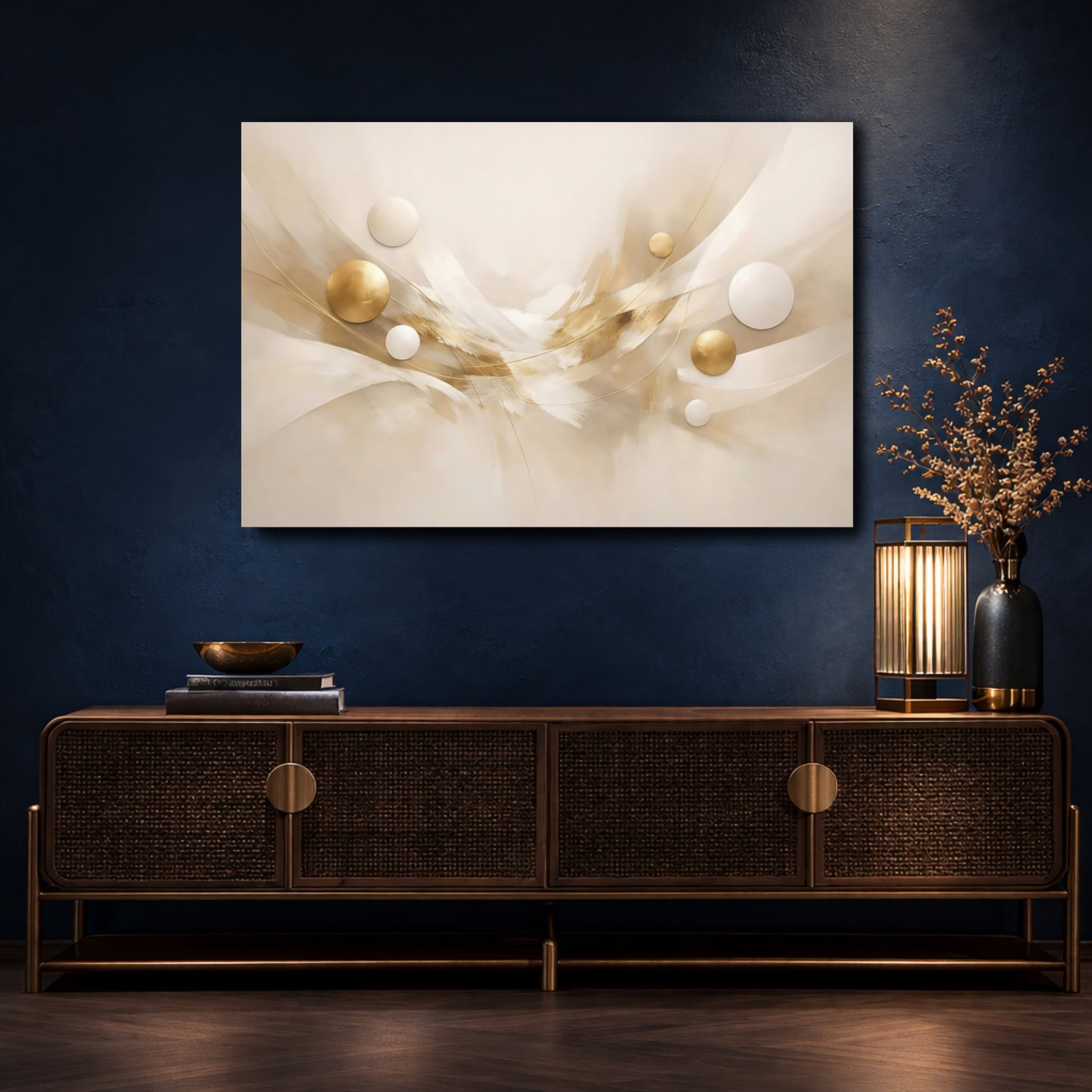 Mockup 4. Abstract Abstract Swirl Cream And Gold shown as stretched canvas wall art