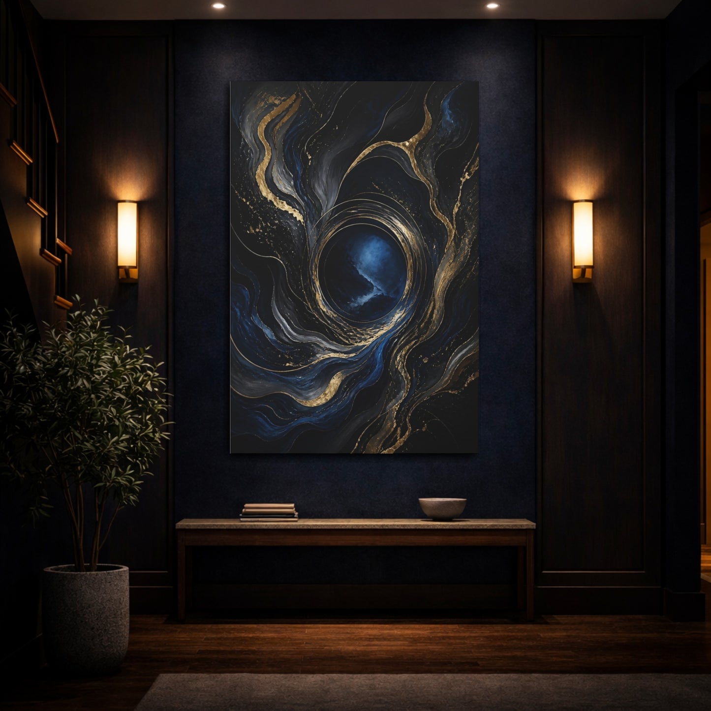 Mockup 4. Abstract Abstract Swirl Dark Blue Gold shown as stretched canvas wall art