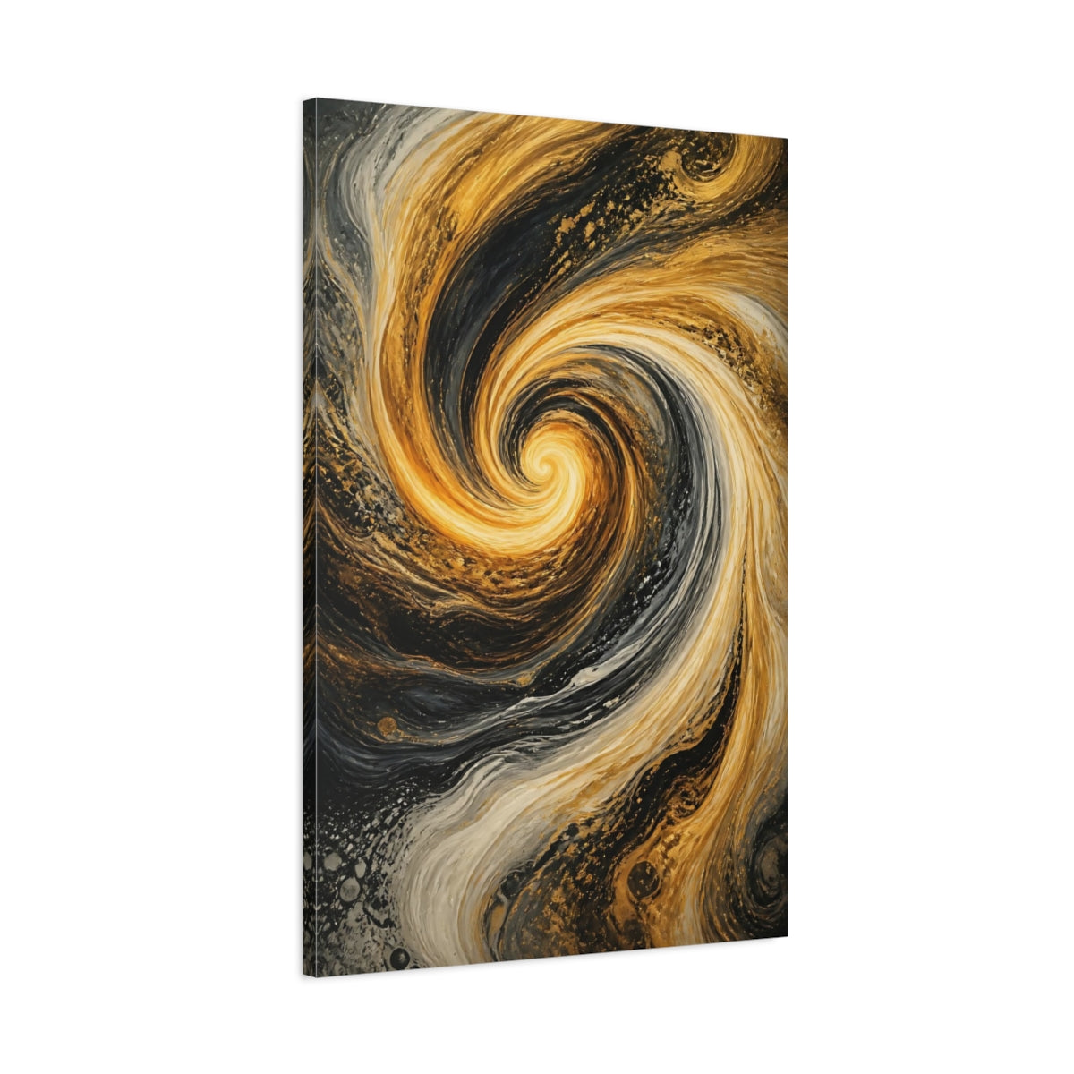 Main Mockup. Abstract Abstract Swirl Gold And Black shown as stretched canvas wall art