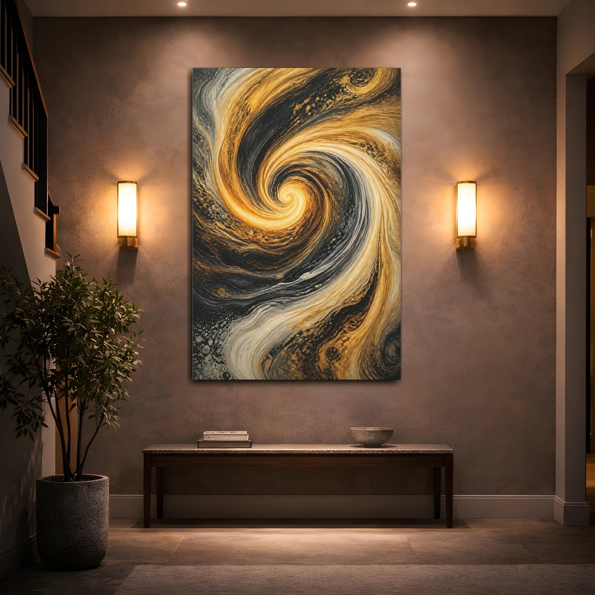 Mockup 2. Abstract Abstract Swirl Gold And Black shown as stretched canvas wall art