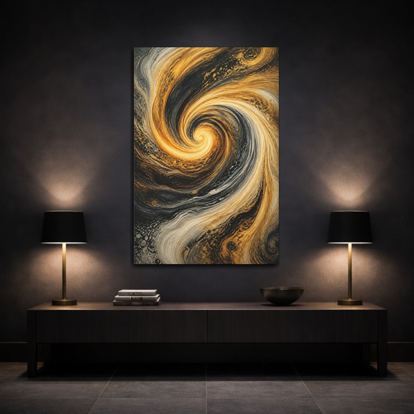 Mockup 3. Abstract Abstract Swirl Gold And Black shown as stretched canvas wall art