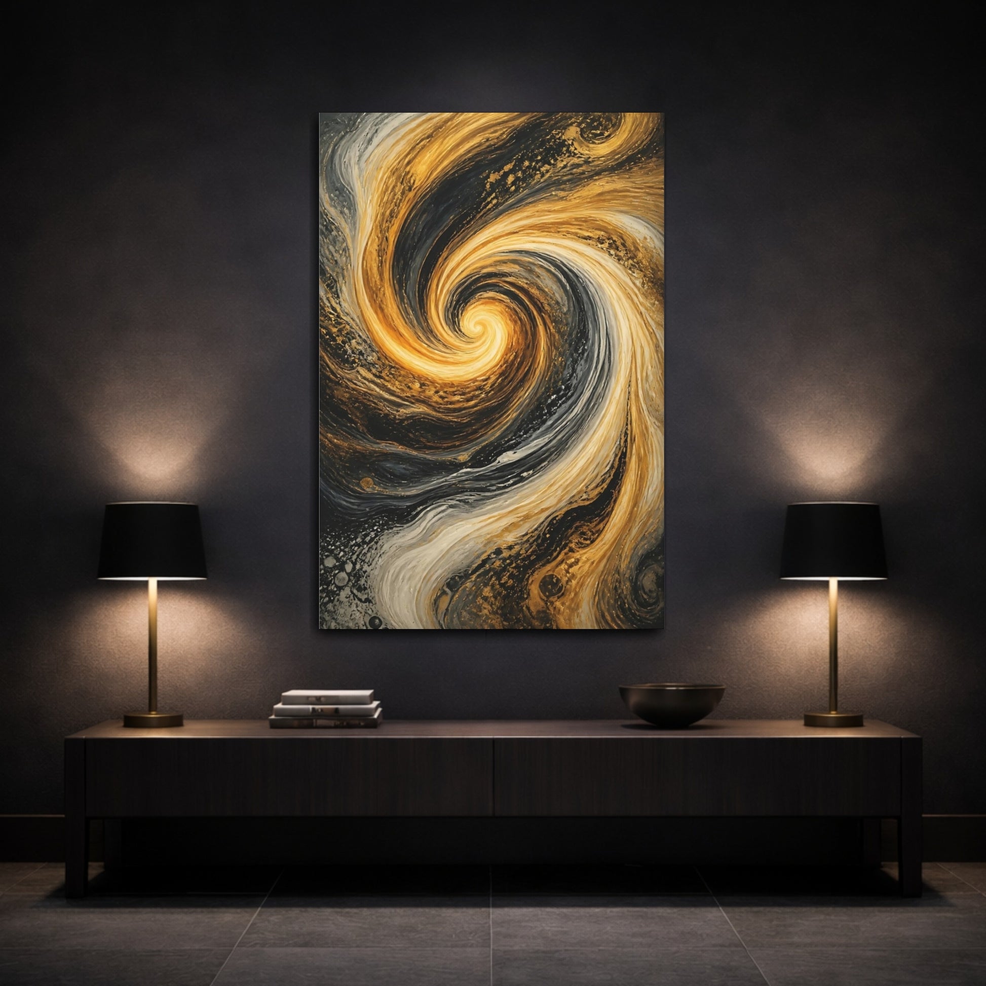 Mockup 3. Abstract Abstract Swirl Gold And Black shown as stretched canvas wall art