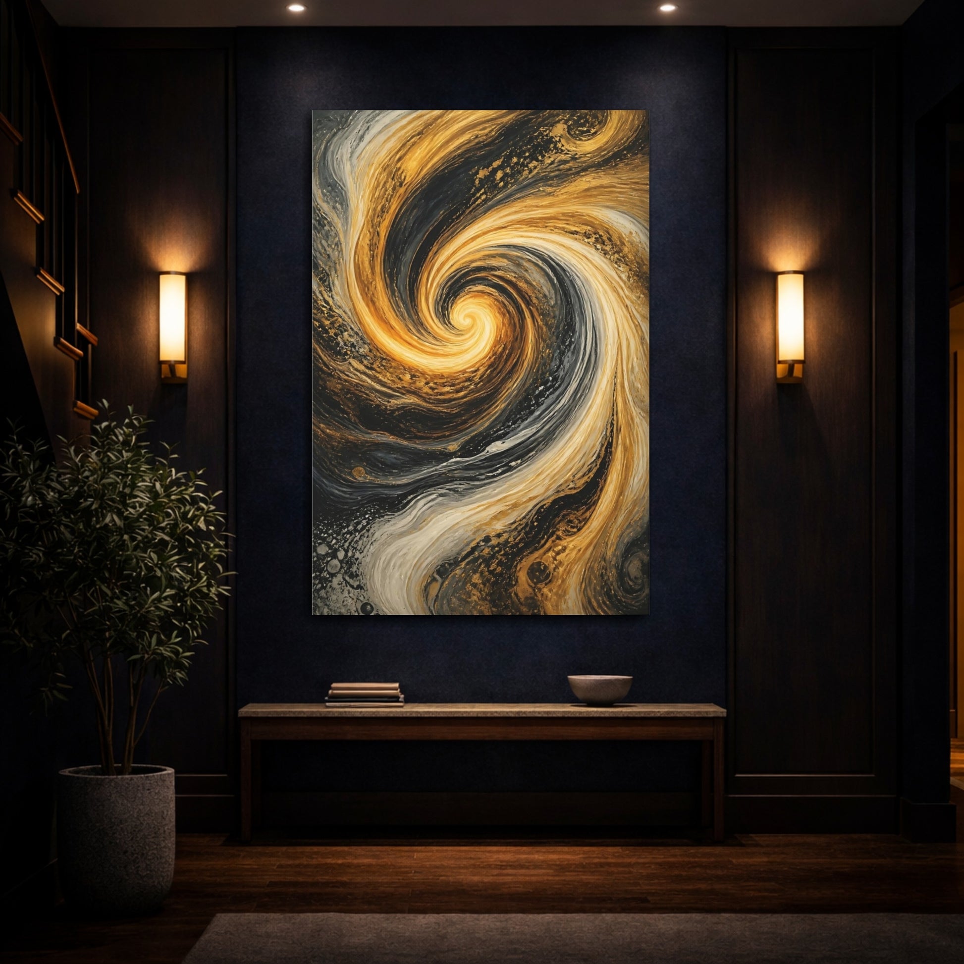 Mockup 4. Abstract Abstract Swirl Gold And Black shown as stretched canvas wall art