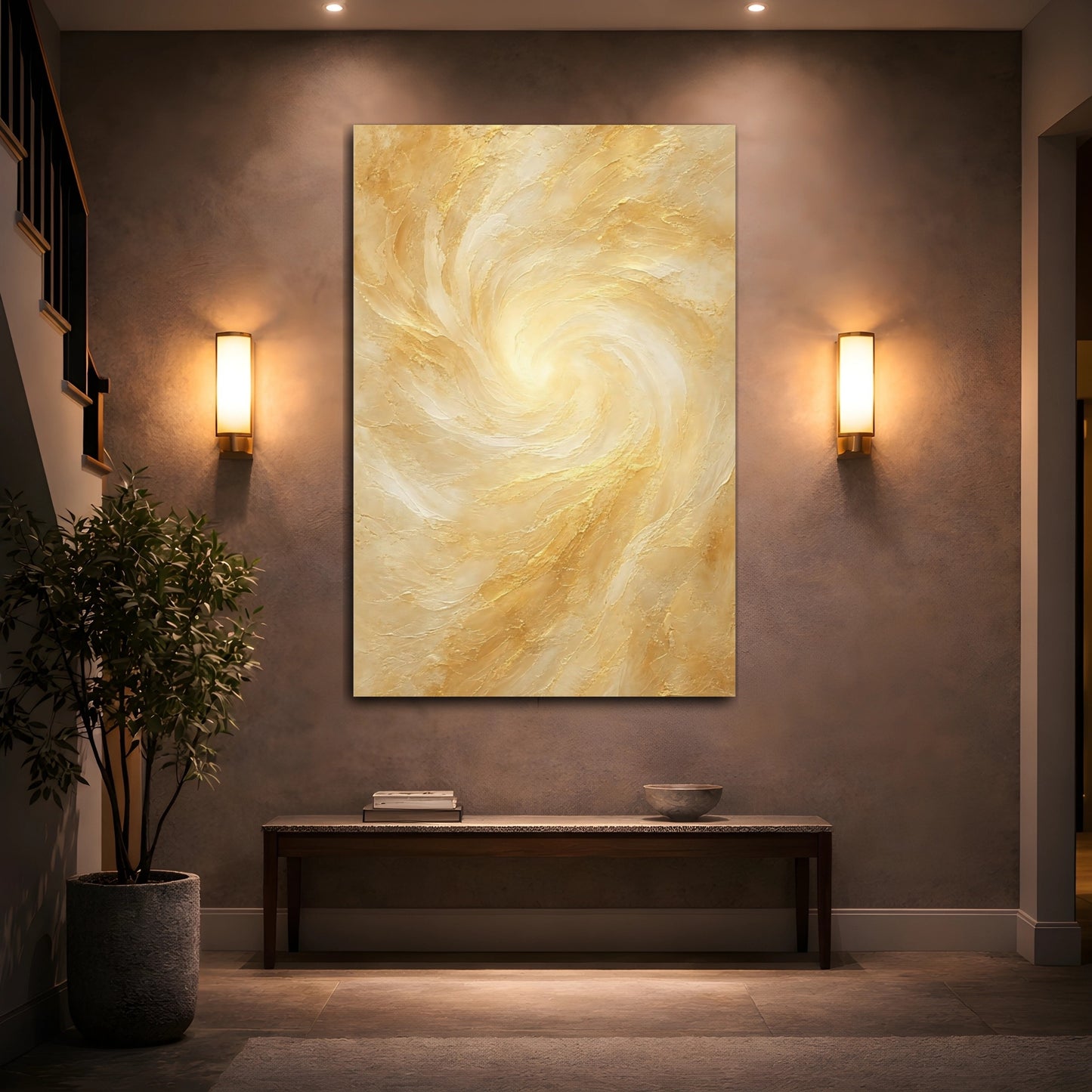 Mockup 2. Abstract Abstract Swirl Gold And Cream shown as stretched canvas wall art