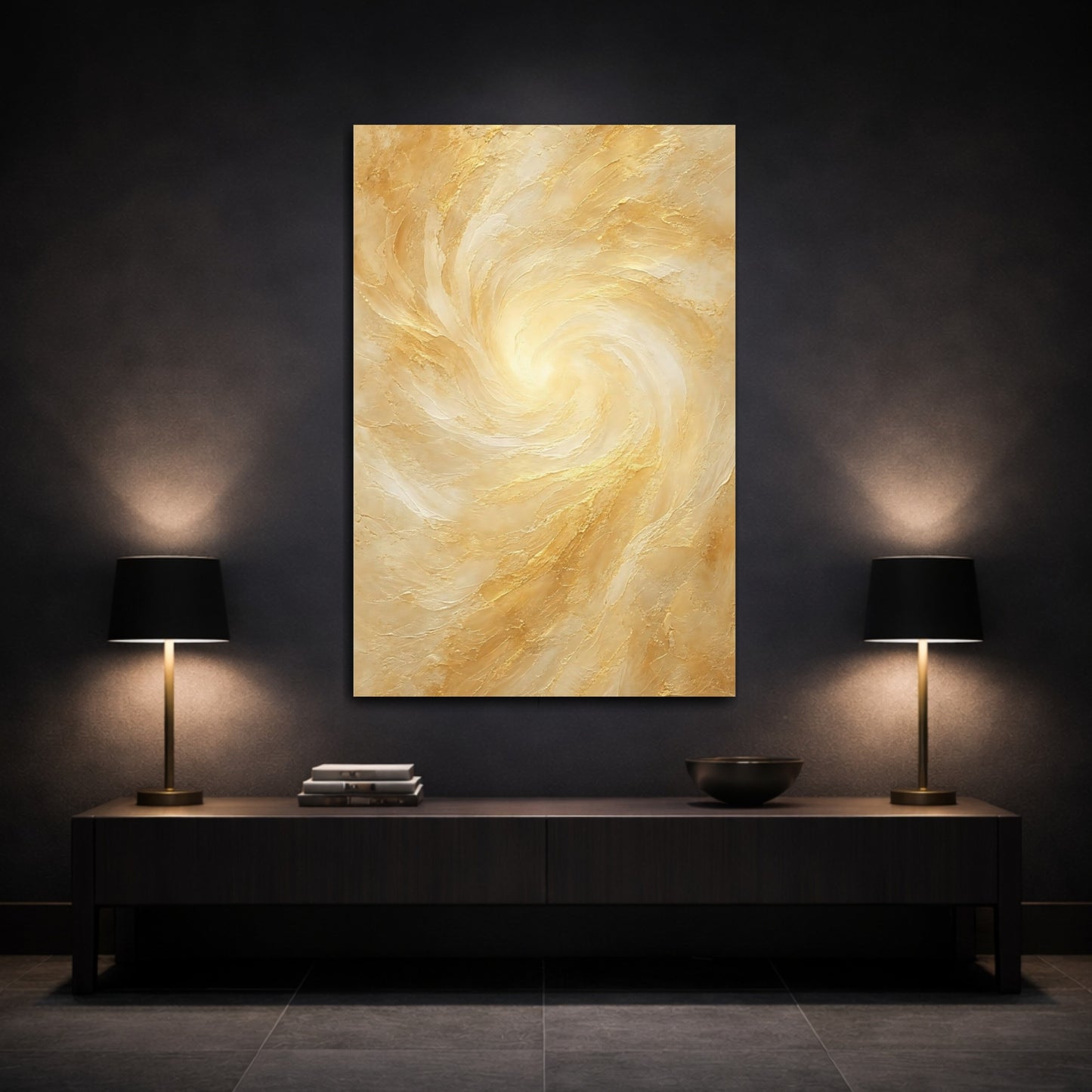 Mockup 3. Abstract Abstract Swirl Gold And Cream shown as stretched canvas wall art