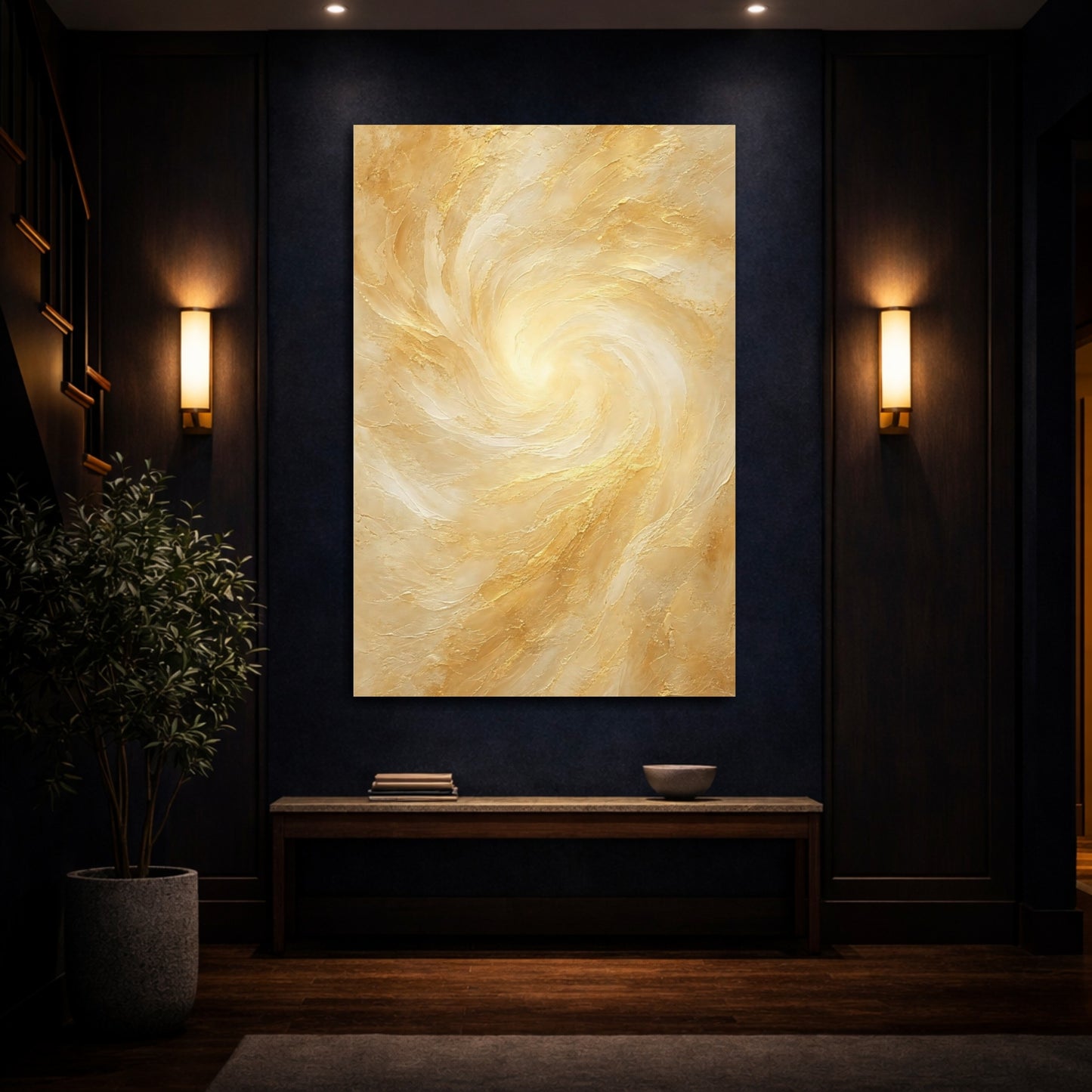 Mockup 4. Abstract Abstract Swirl Gold And Cream shown as stretched canvas wall art