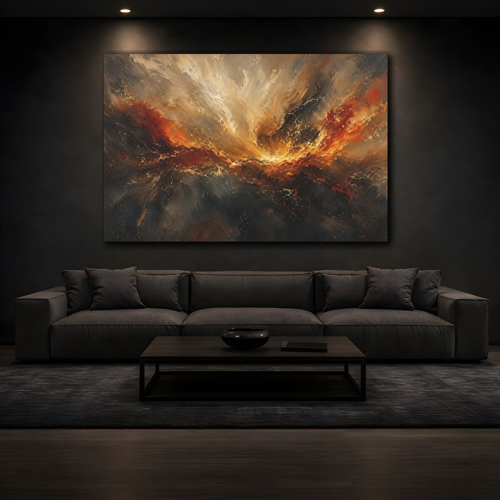 Mockup 3. Abstract Abstract Swirl Gold And Dark Hues shown as stretched canvas wall art