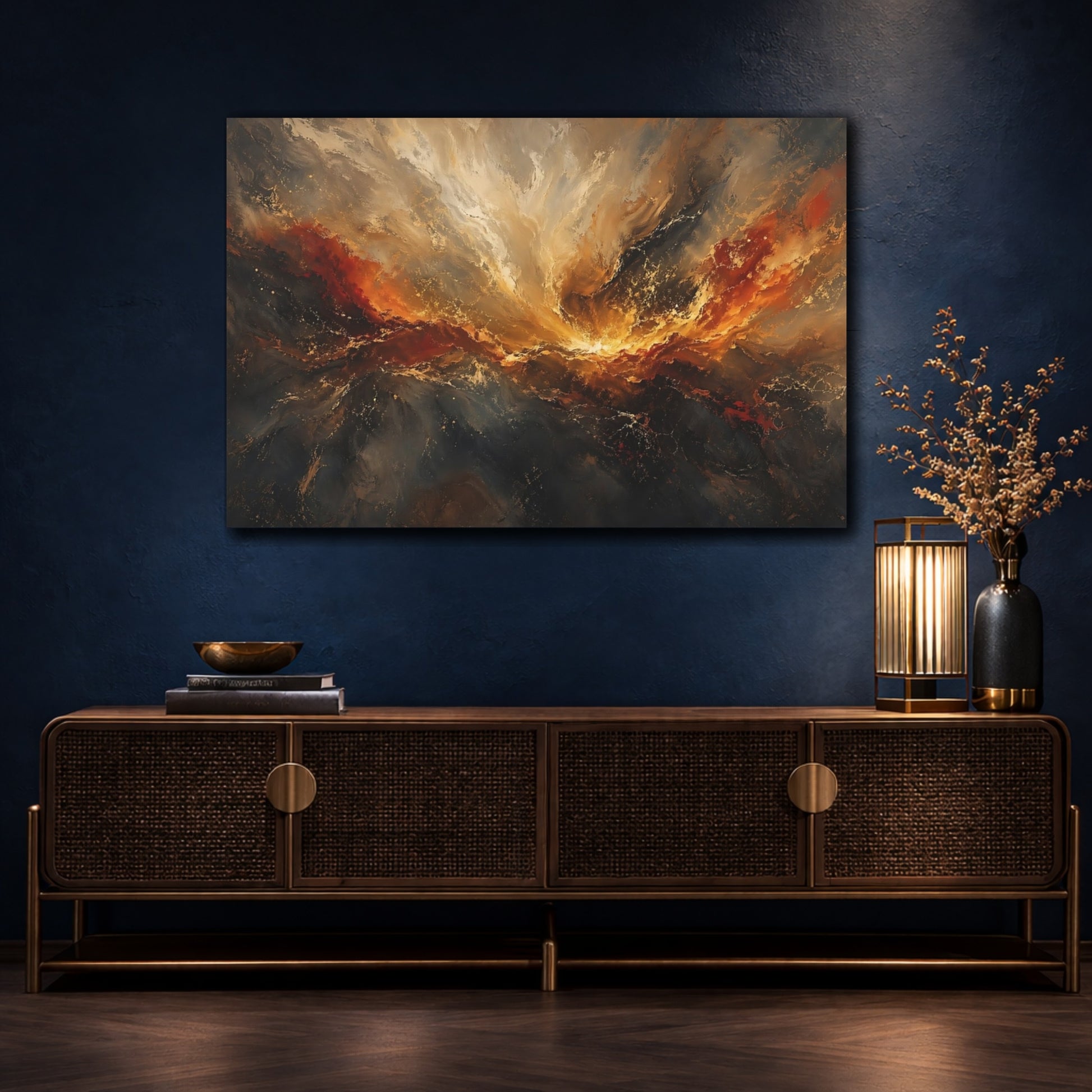Mockup 4. Abstract Abstract Swirl Gold And Dark Hues shown as stretched canvas wall art