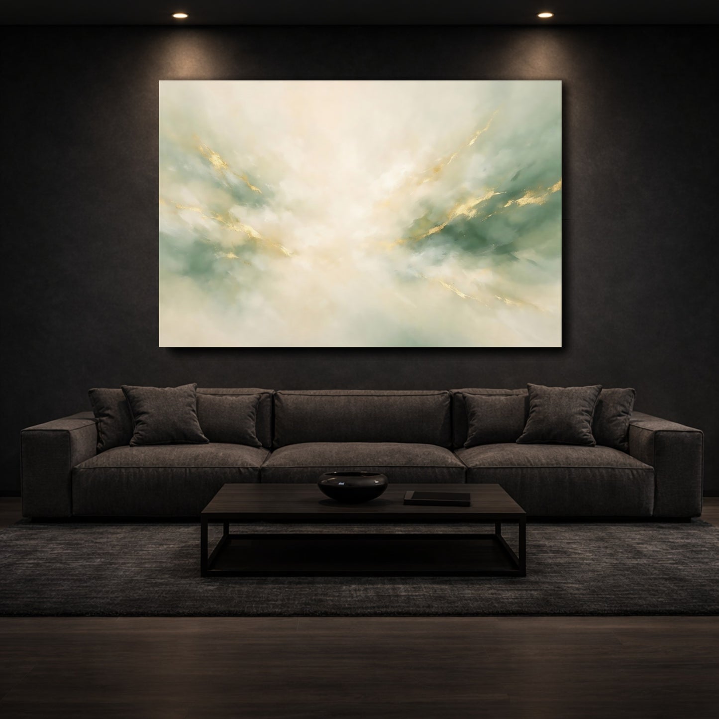 Mockup 2. Abstract Abstract Swirl Green Gold Abstract shown as stretched canvas wall art