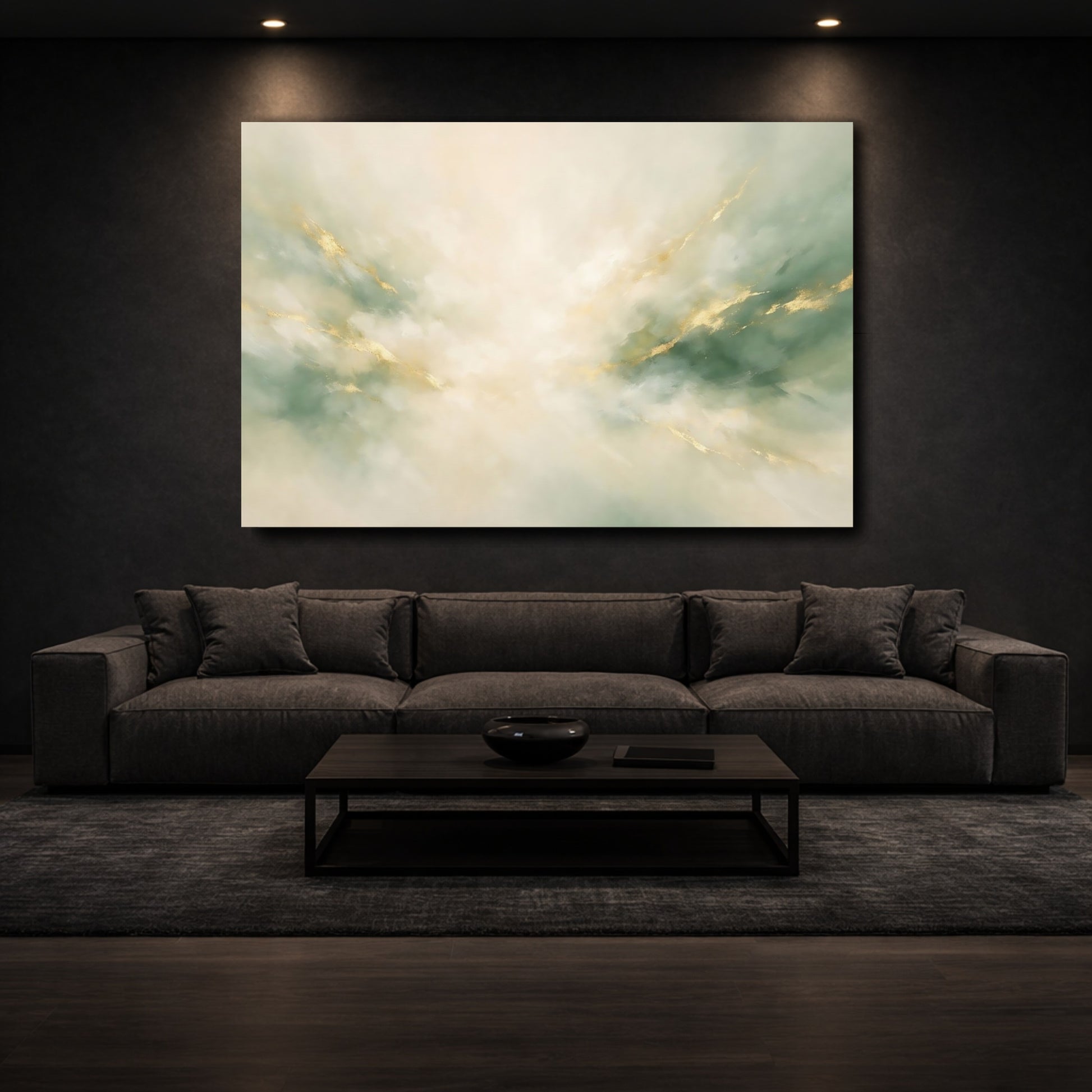 Mockup 2. Abstract Abstract Swirl Green Gold Abstract shown as stretched canvas wall art